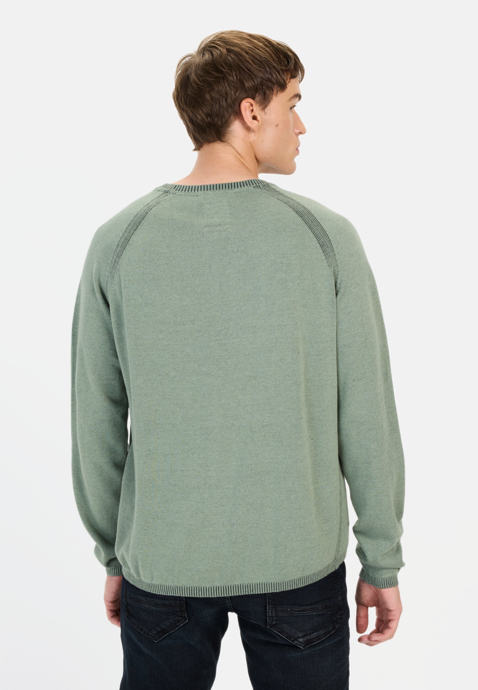 Herren Rundhals Pullover aus reiner Baumwolle Seegras getragen hinten