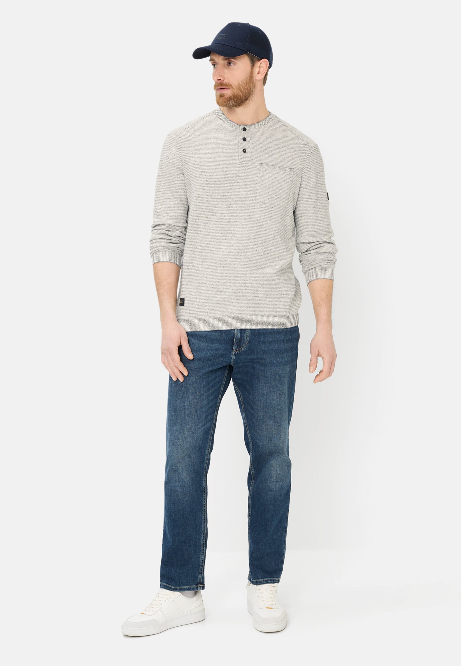 Men Pullover with Henley collar Dark Blue worn front full body