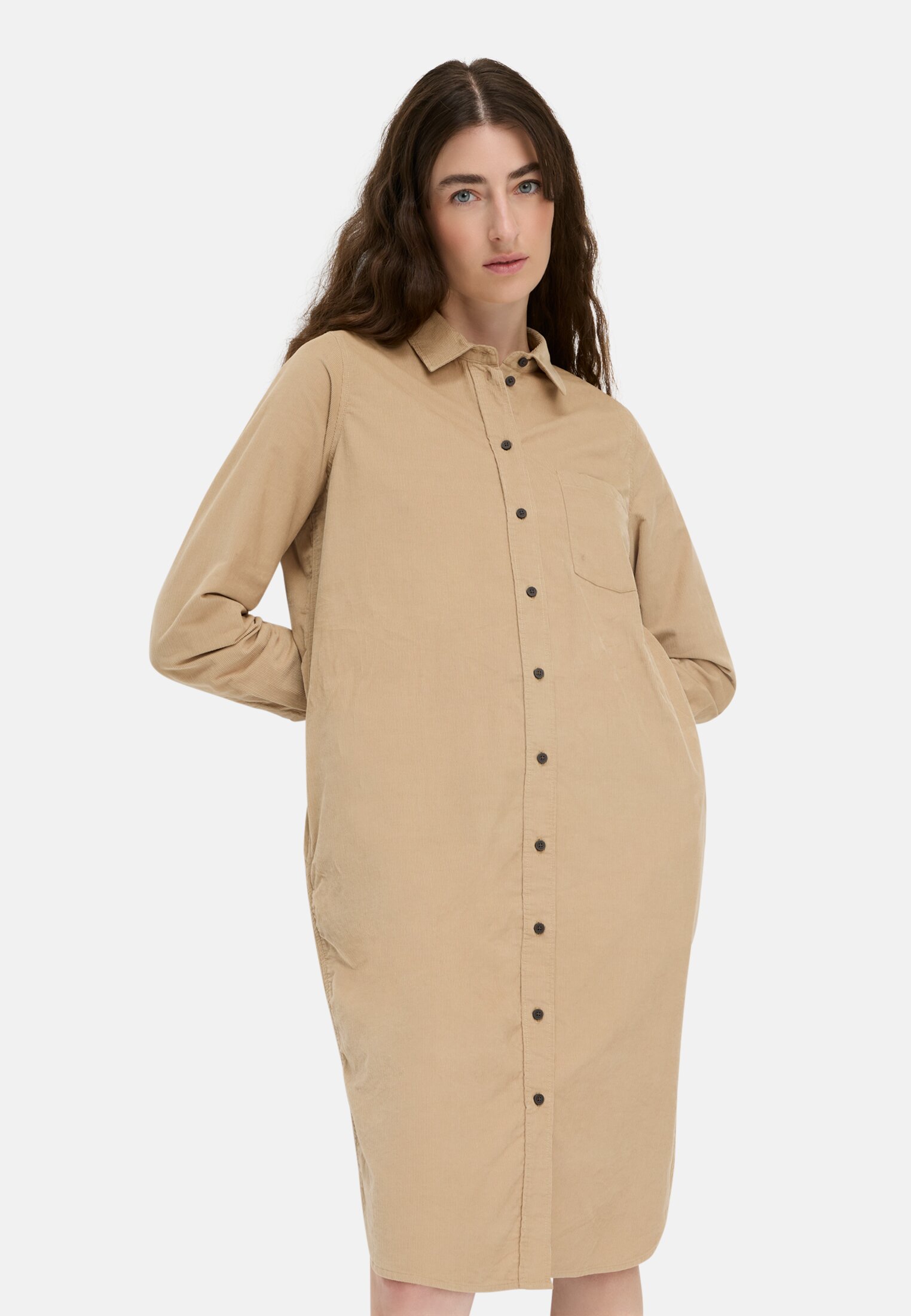 Women Long-sleeved dress with waist belt Caramel worn emotional