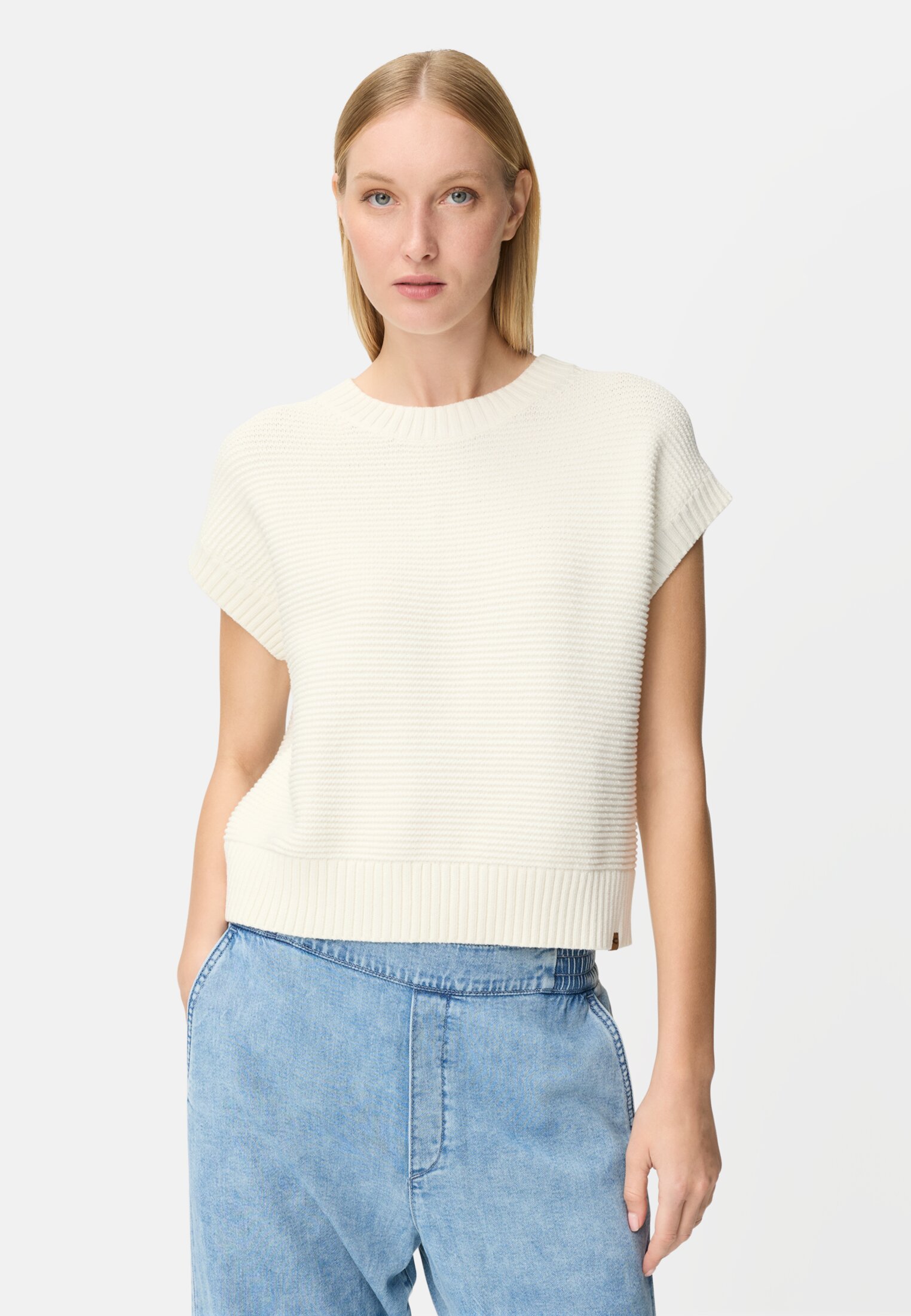 Vrouwen Gebreide trui van een katoenmix Melkwit gedragen voor