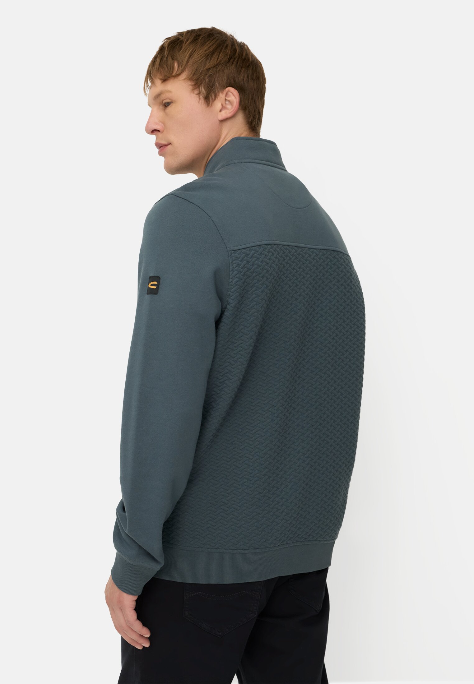 Heren Sweatjack met lichte opstaande kraag Inktblauw gedragen achter