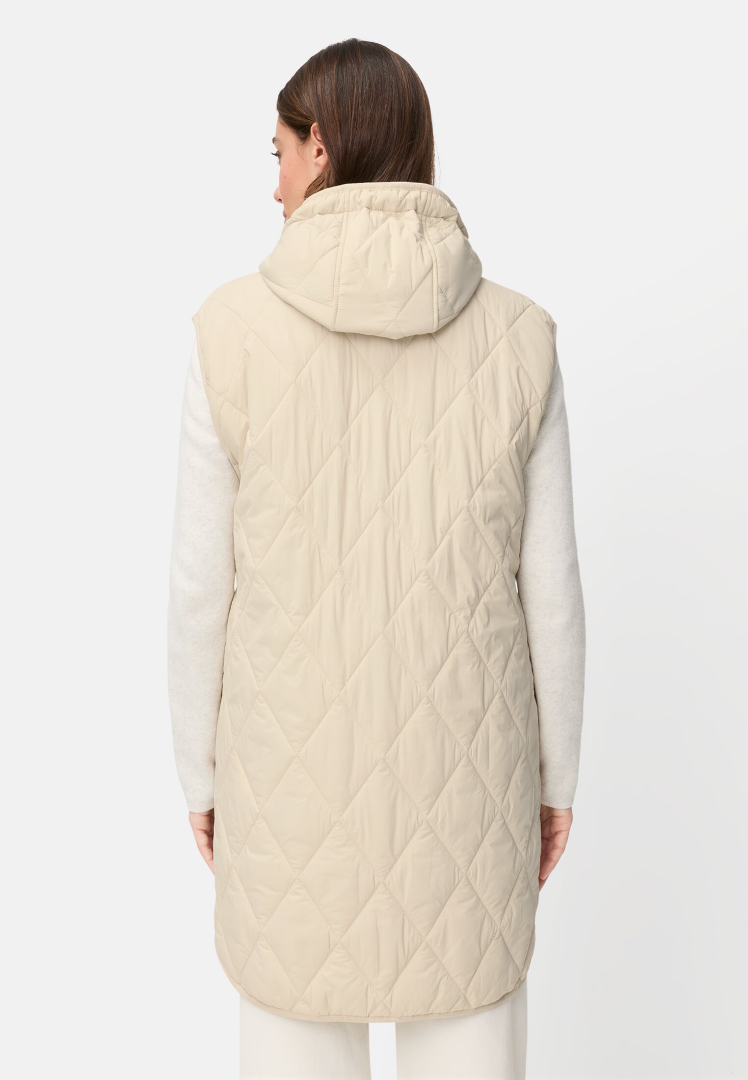 Damen Lange Weste mit Kapuze Eiche getragen hinten