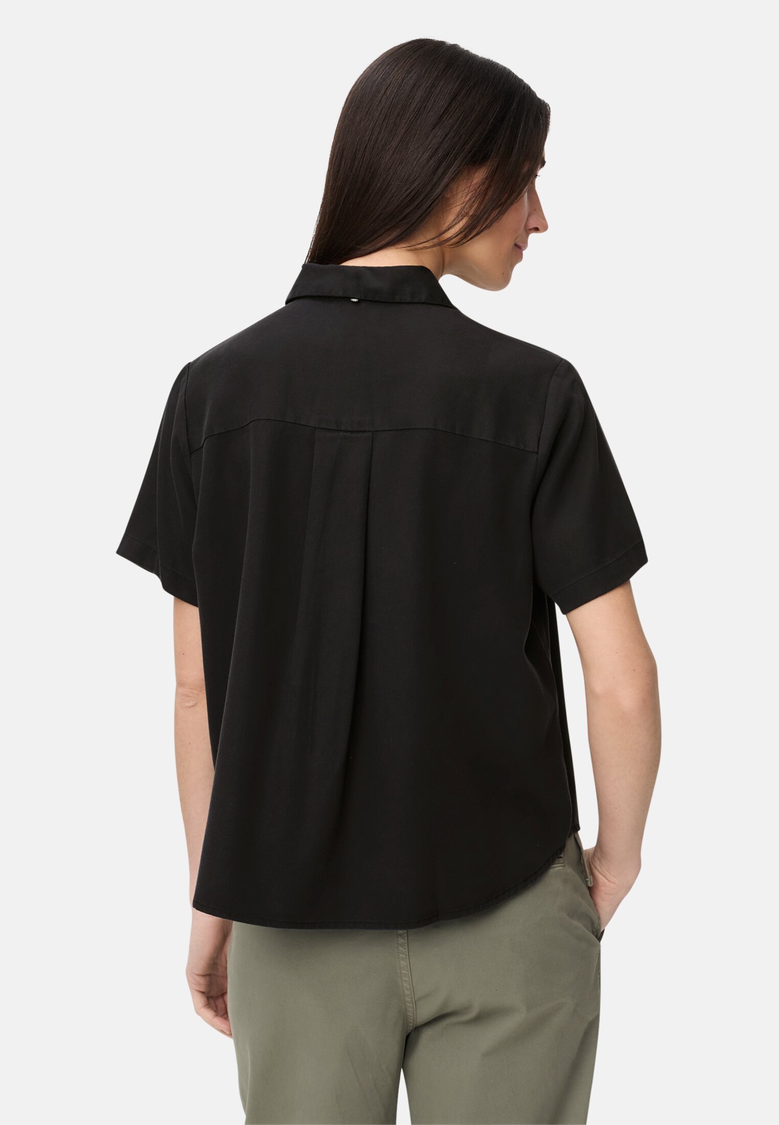 Damen Kurzarm Bluse mit Kentkragen Kaviar getragen hinten