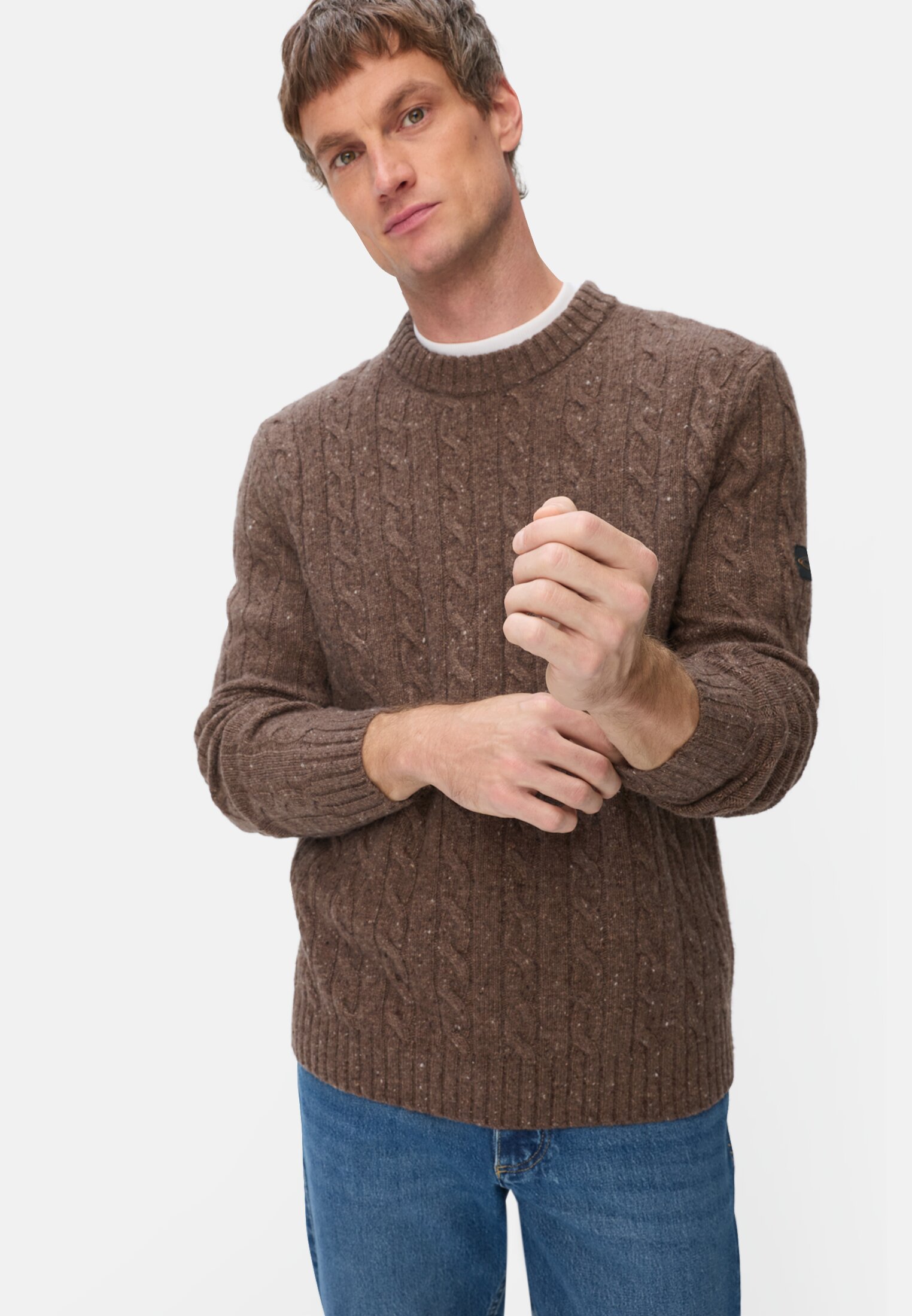 Men Cable Knit Sweater with Merino Wool sepia brown worn emotional