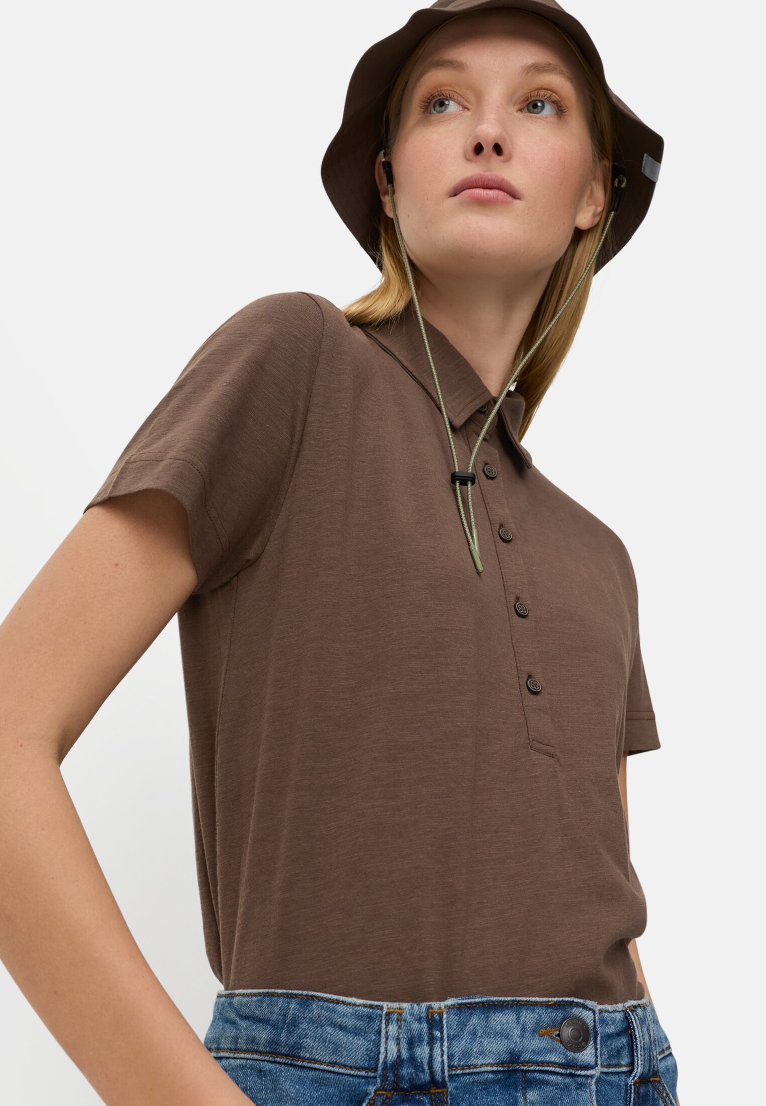 Women Polo shirt with button placket Brown worn emotional