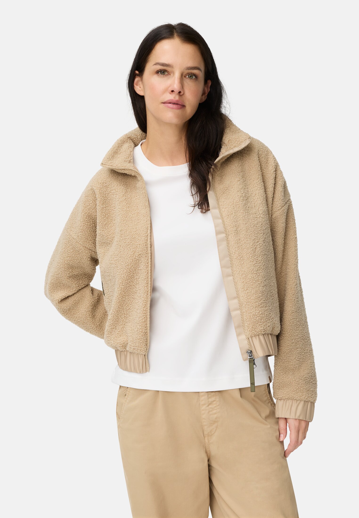 Damen Teddy Blouson mit Stehkragen und 2-Wege-Reißverschluss Cashmere getragen vorn