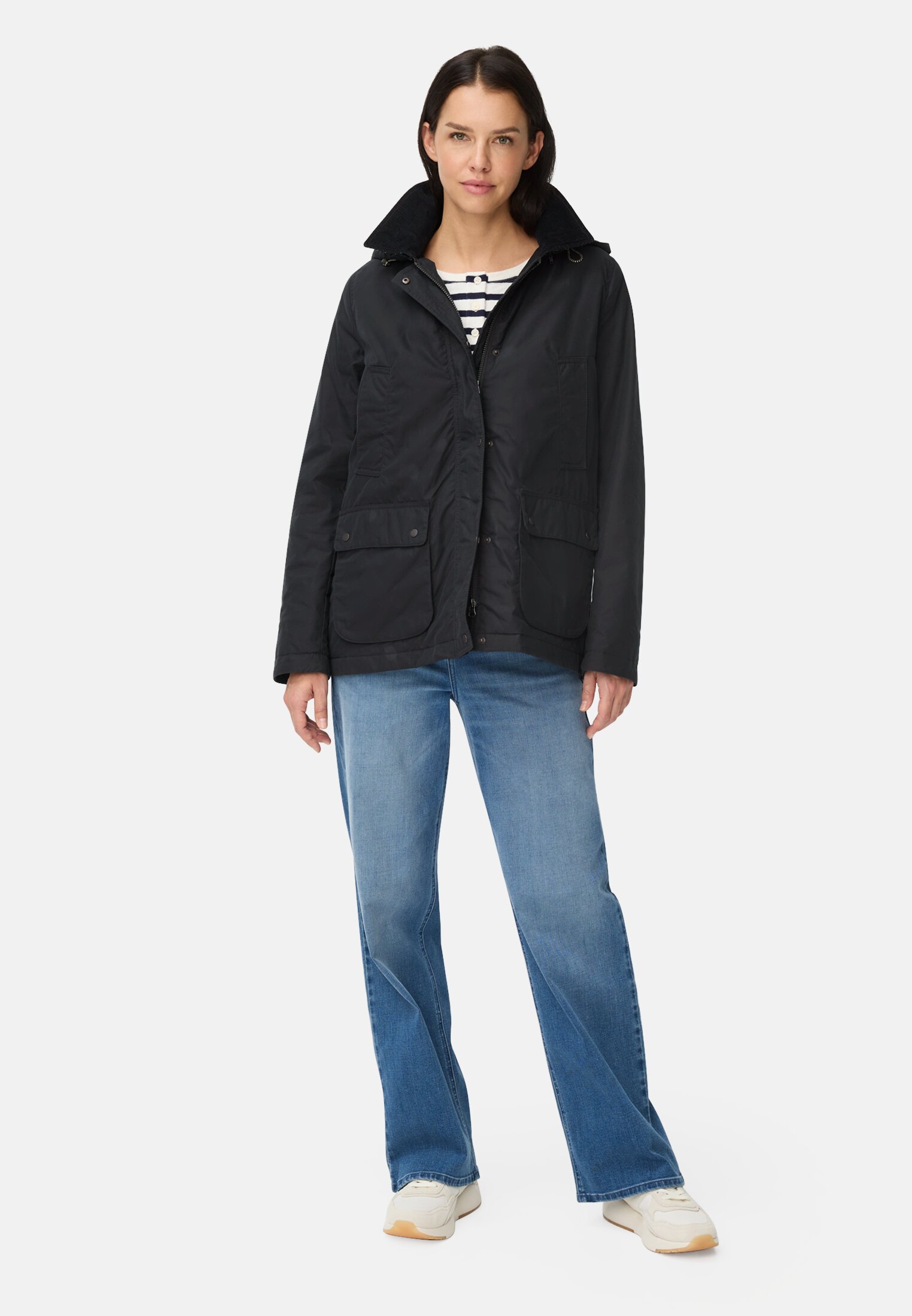 Women Outdoor Jacket with removable hood and corduroy collar Dark blue worn front full body
