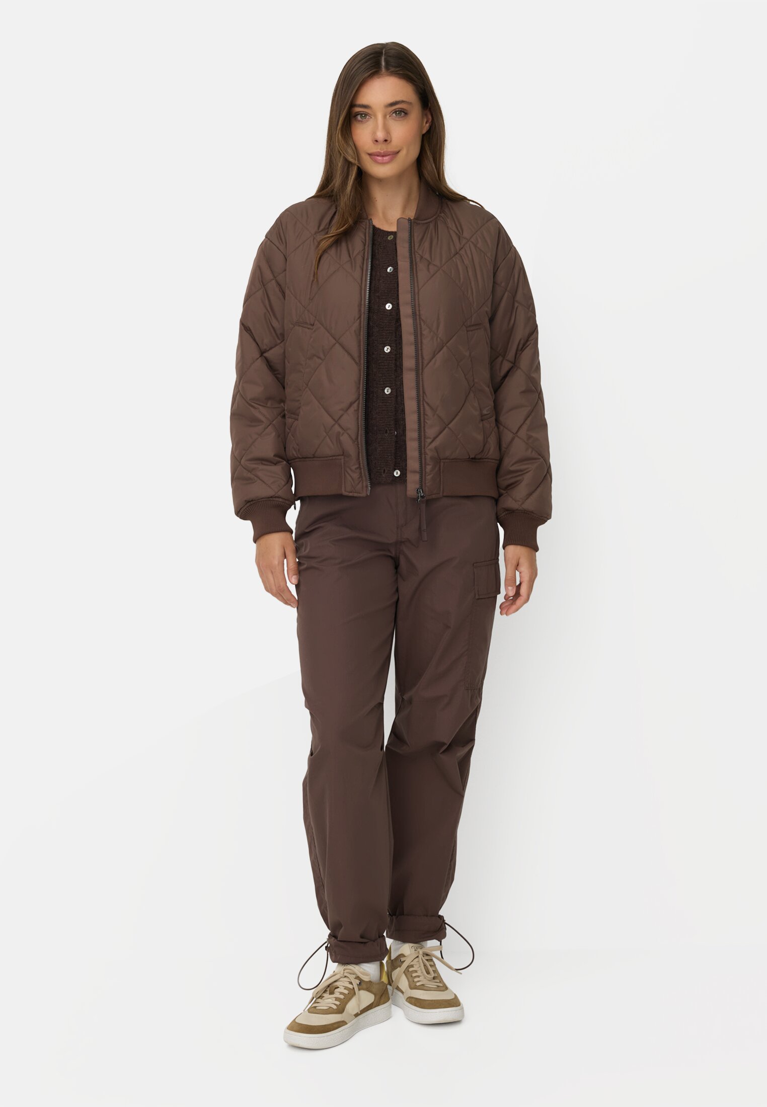 Vrouwen Oversized bomberjack met bedrukte voering Bruin gedragen voor lichaam compleet