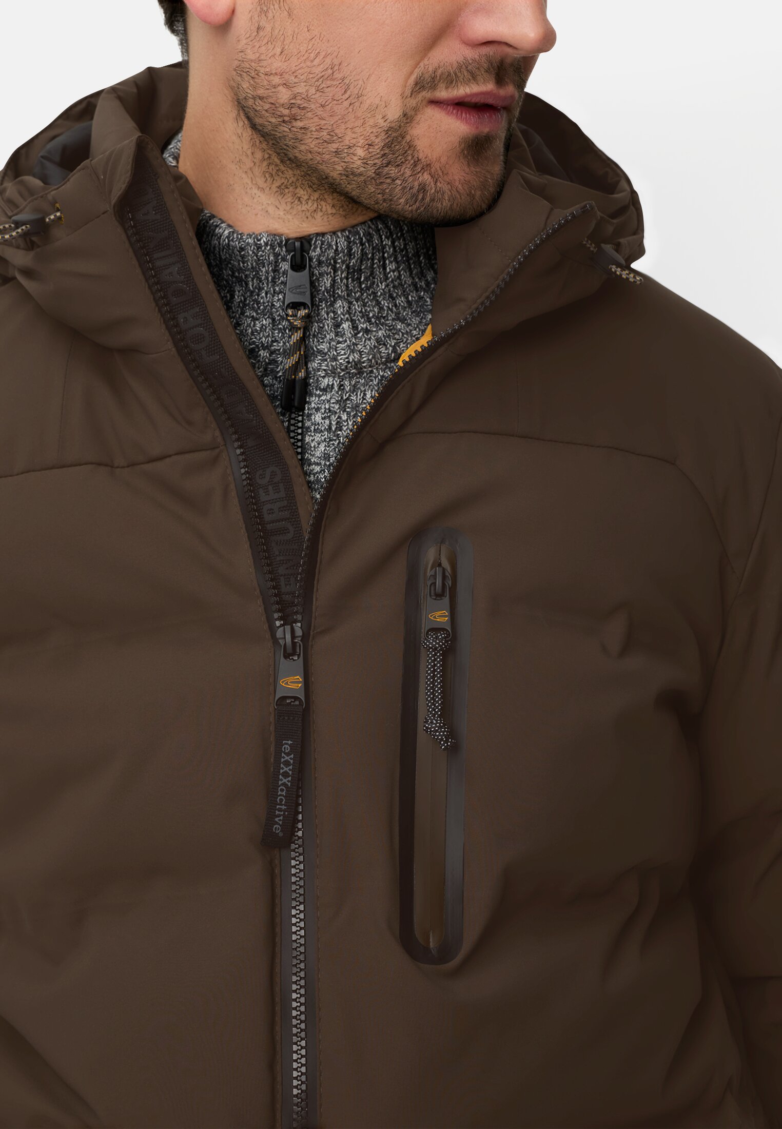Men teXXXactive®  Functional jacket with adjustable hem and hood Dark brown worn detail close