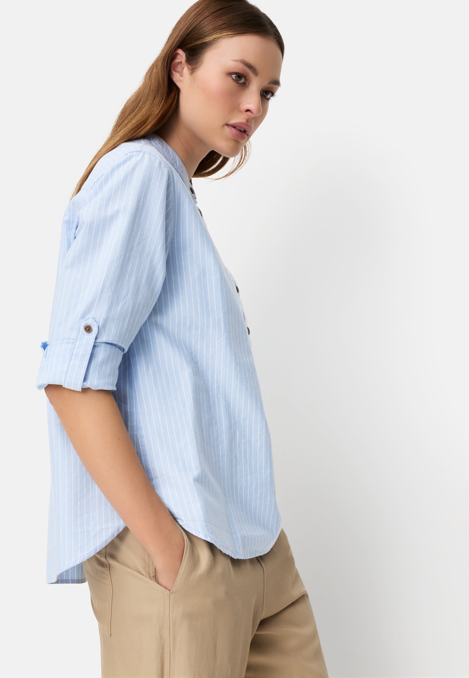 Women Striped blouse with roll-up sleeves Light Blue worn emotional