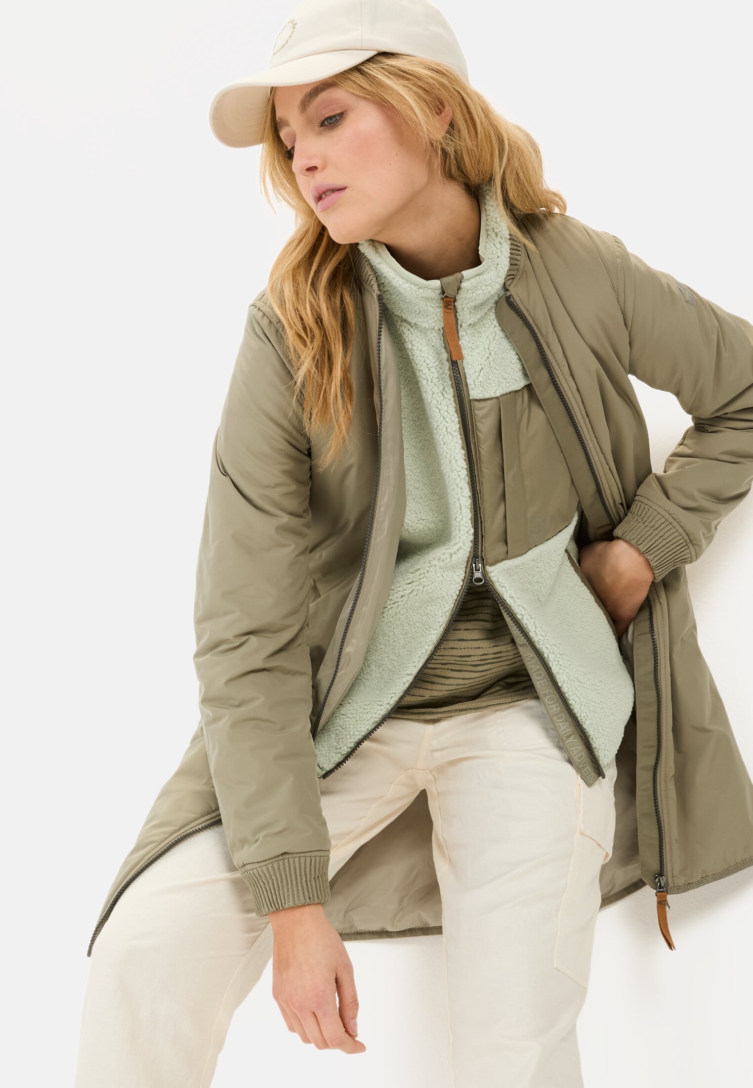 Women Recycled polyester coat Sage worn emotional