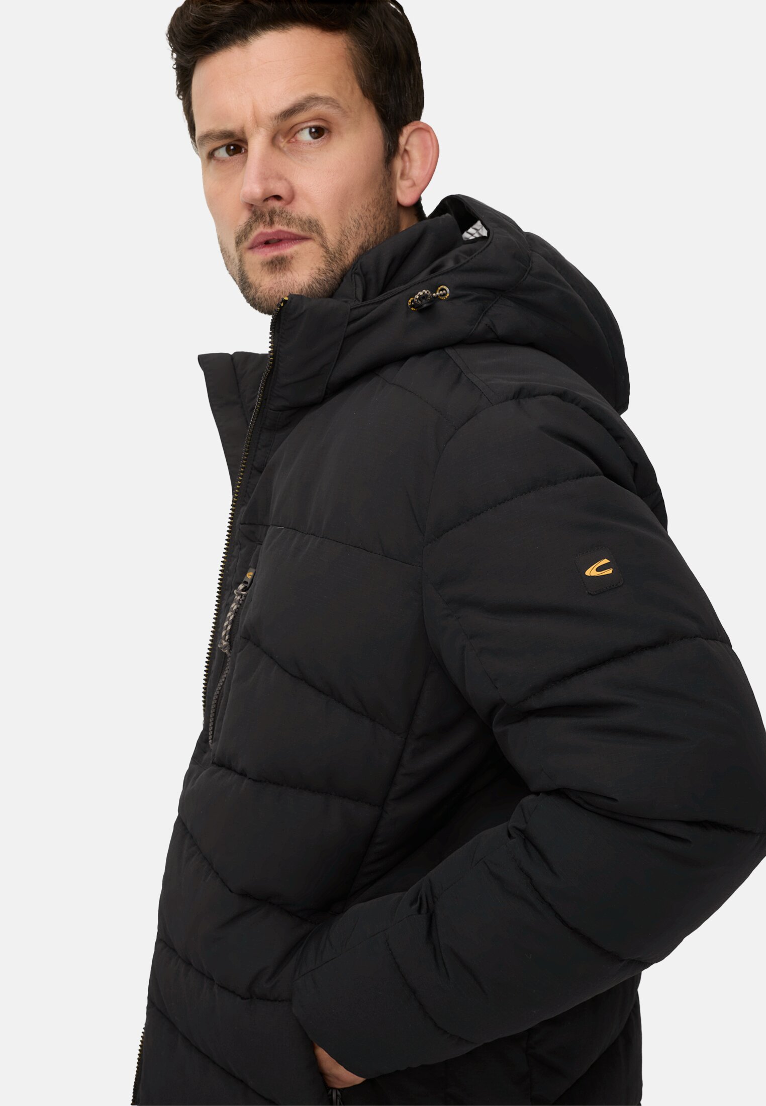 Men Winter jacket with removable hood Black worn detail close