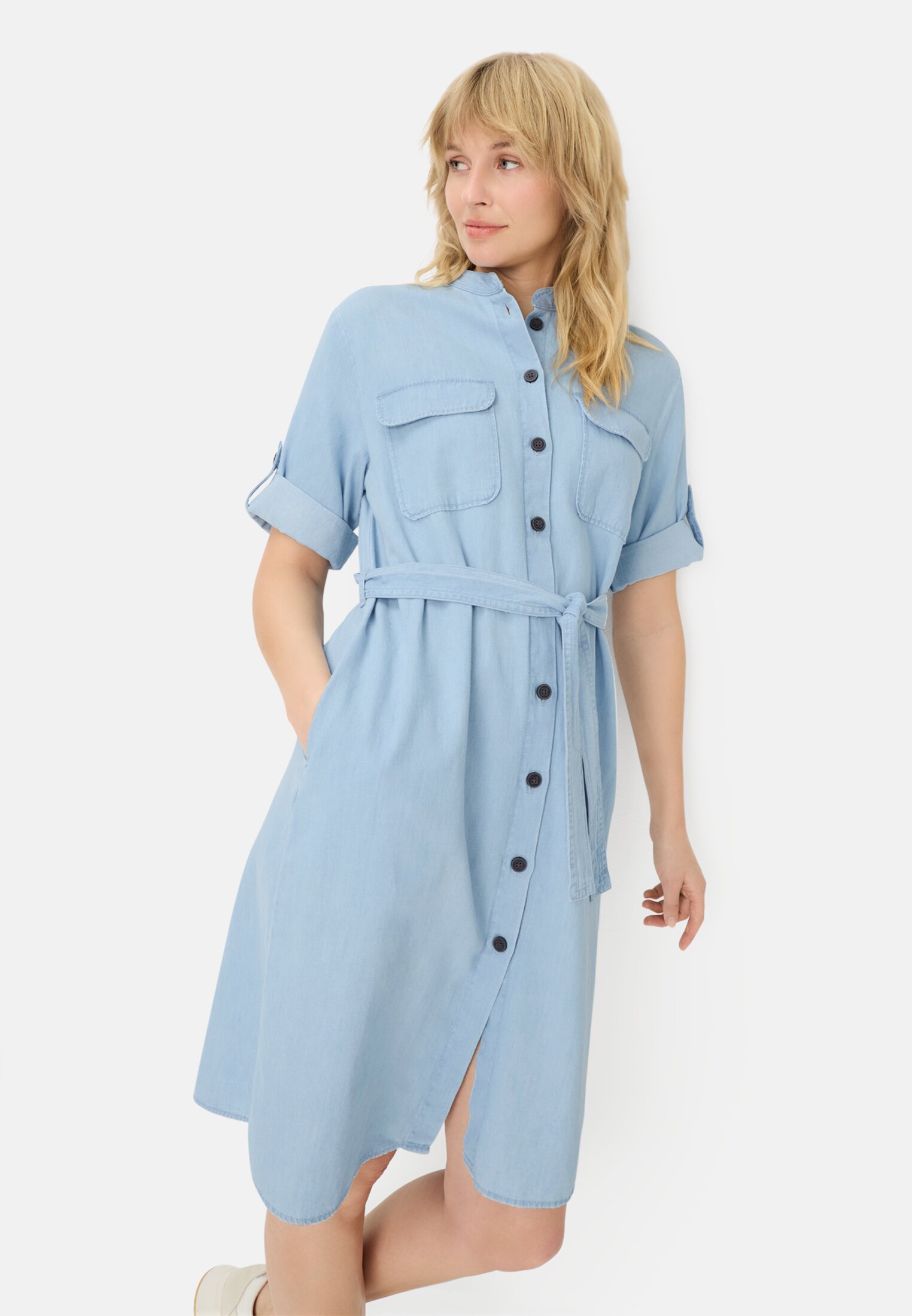 Women Summer dress with fabric tie belt Dark Blue worn emotional