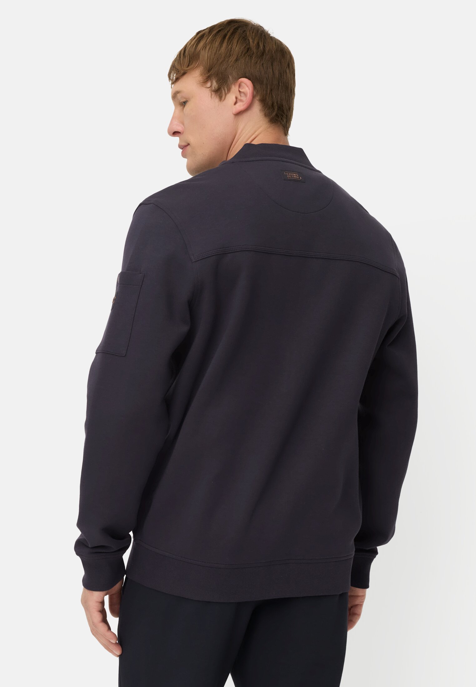 Men fleXXXactive® Sweat Jacket made from scuba jersey Navy Blue worn back