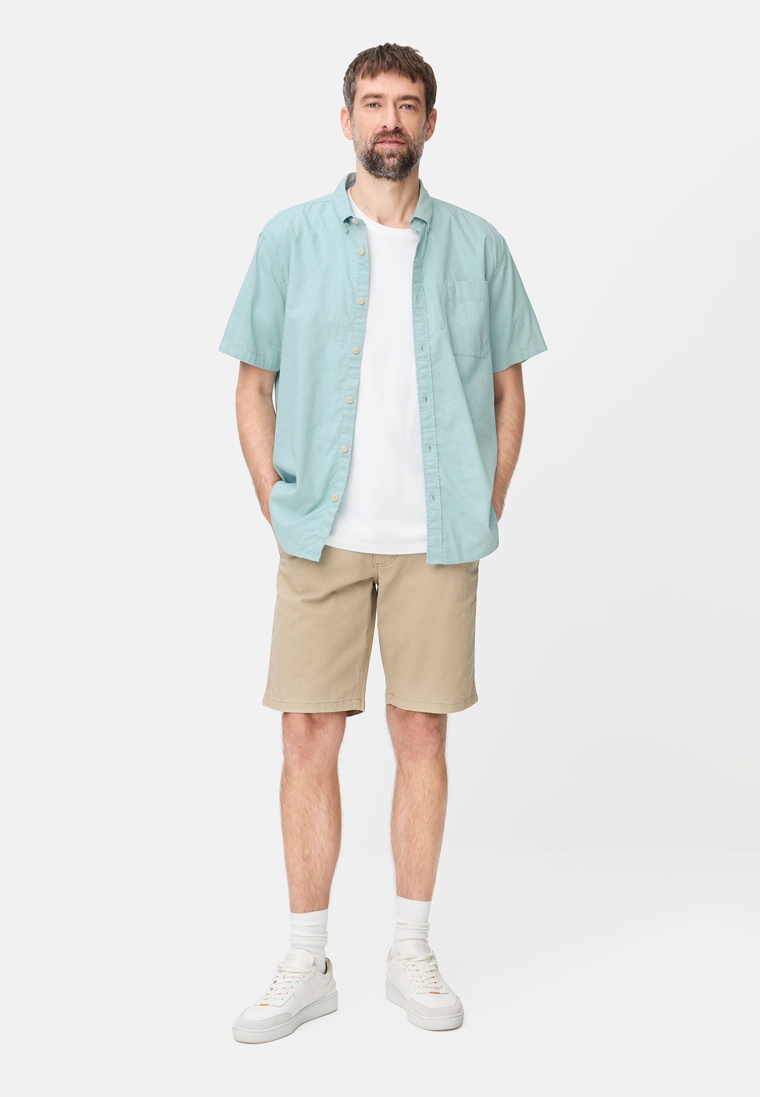 Heren Korte mouwen shirt van linnenmix Oceaan Groen gedragen voor lichaam compleet