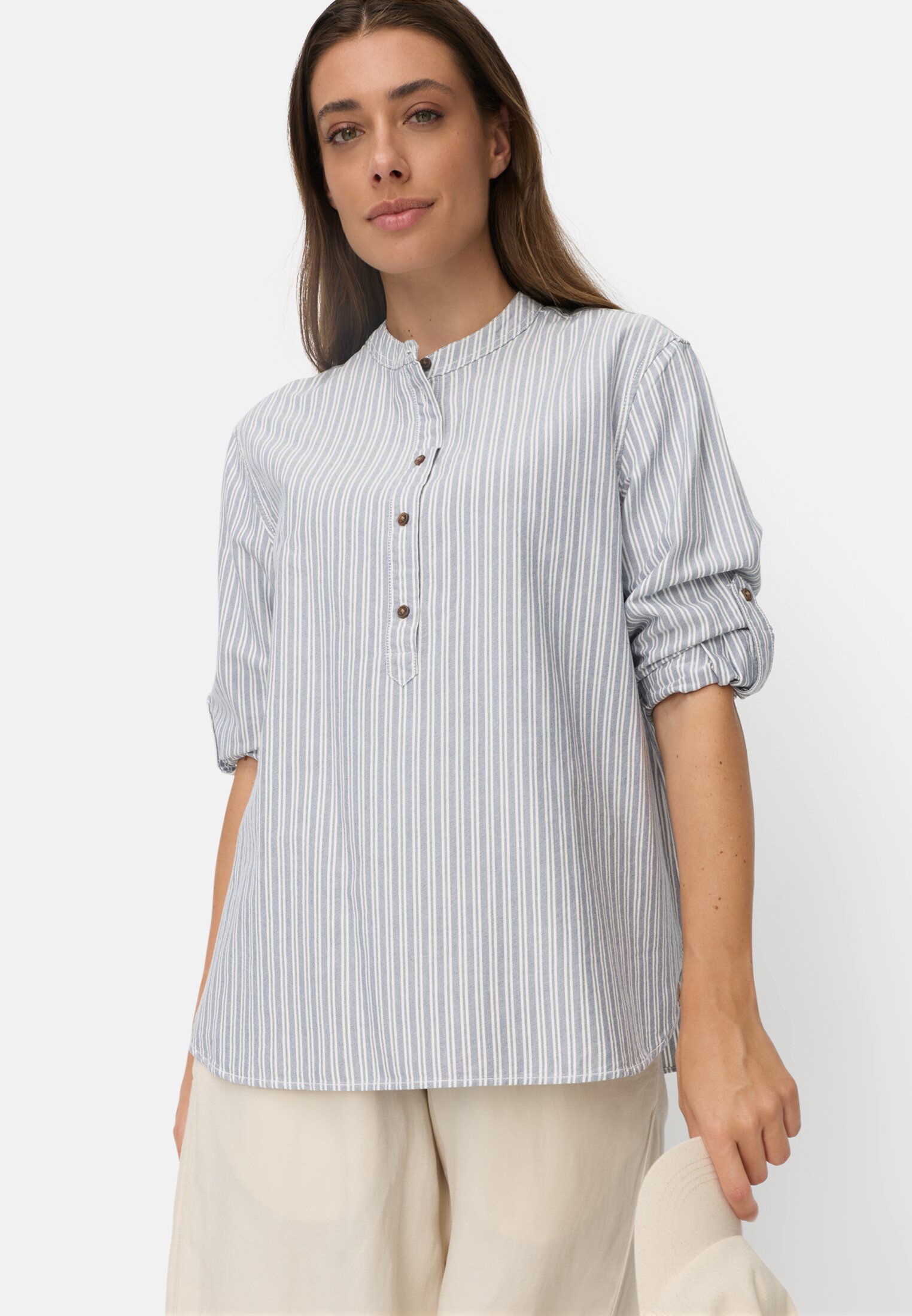 Women Cotton blouse with button placket Blue-White worn emotional