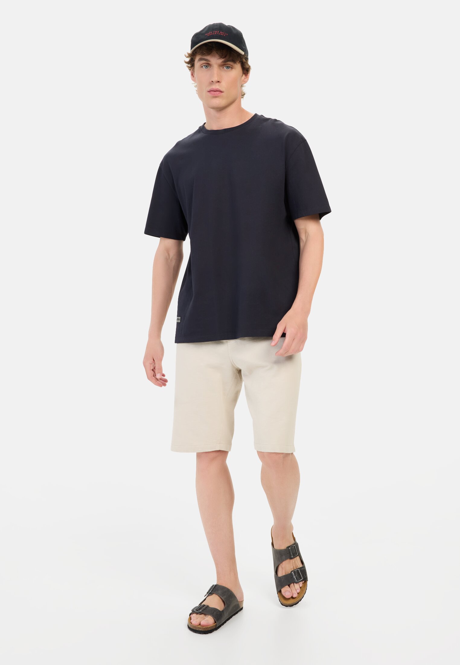 Men Bermuda shorts with an elastic waistband Beige worn front full body