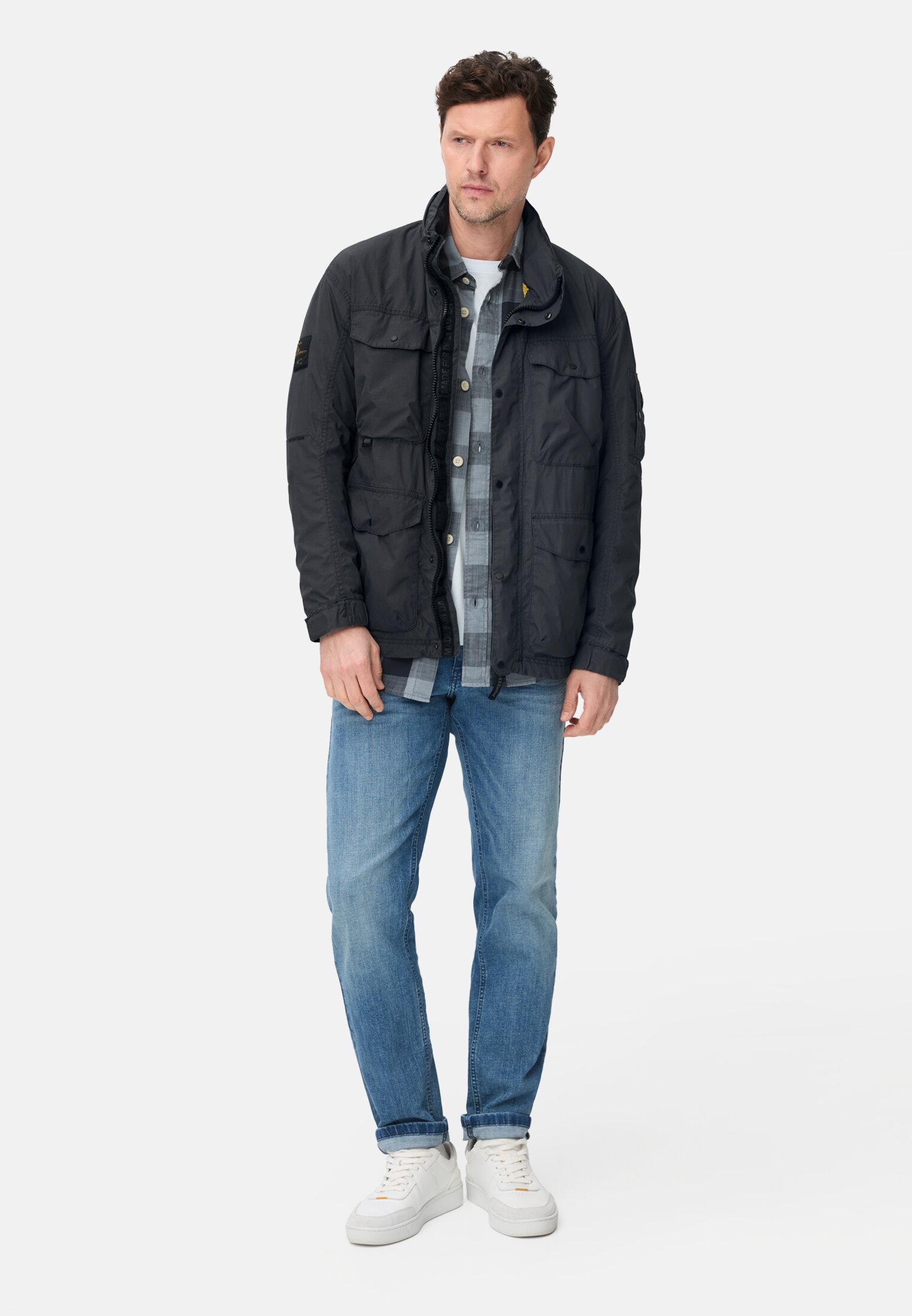 Men teXXXactive® jacket with roll-up hood Dark Blue worn front full body