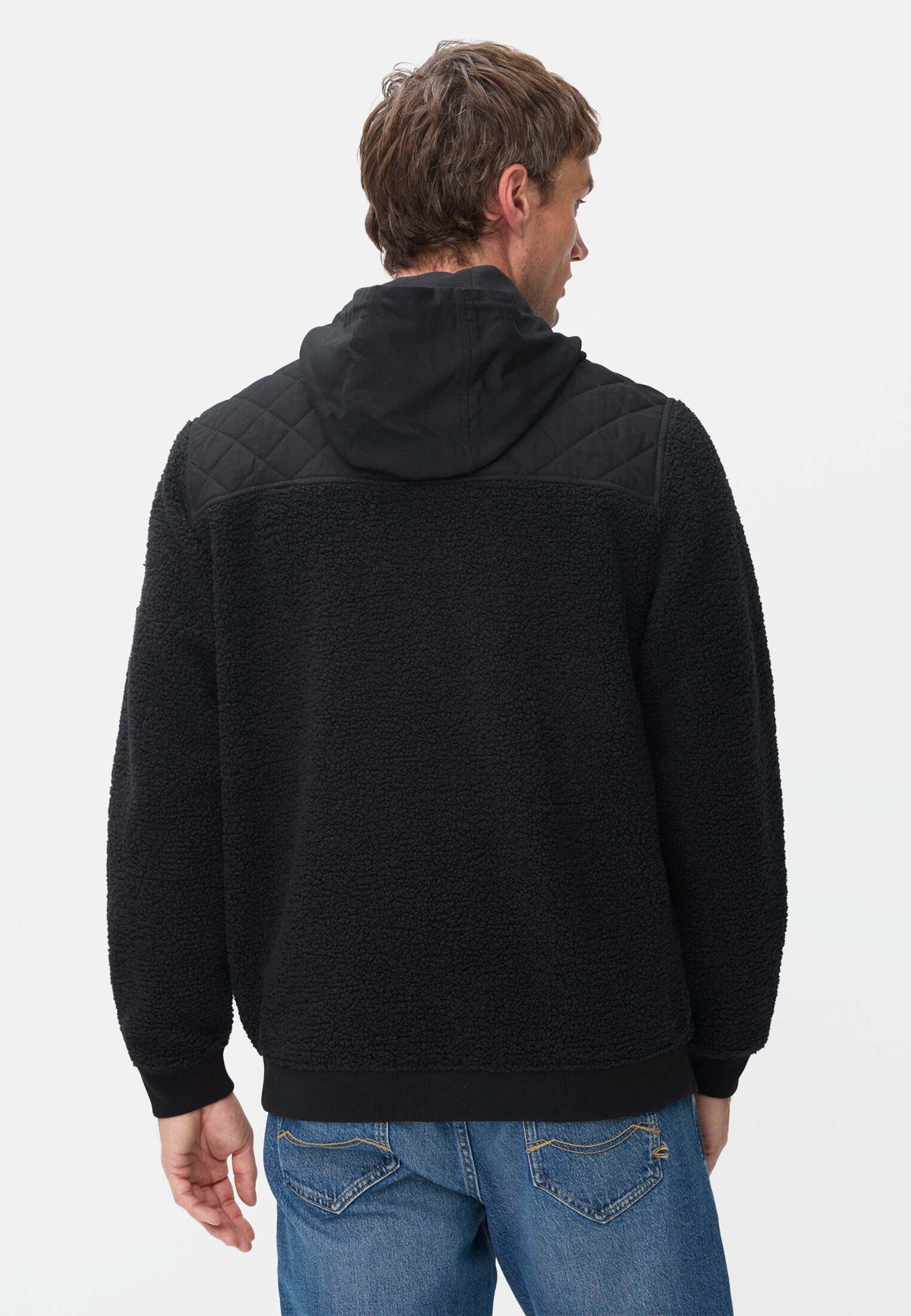 Heren Fleecevest met capuchon en zijzakken Navyblauw gedragen achter