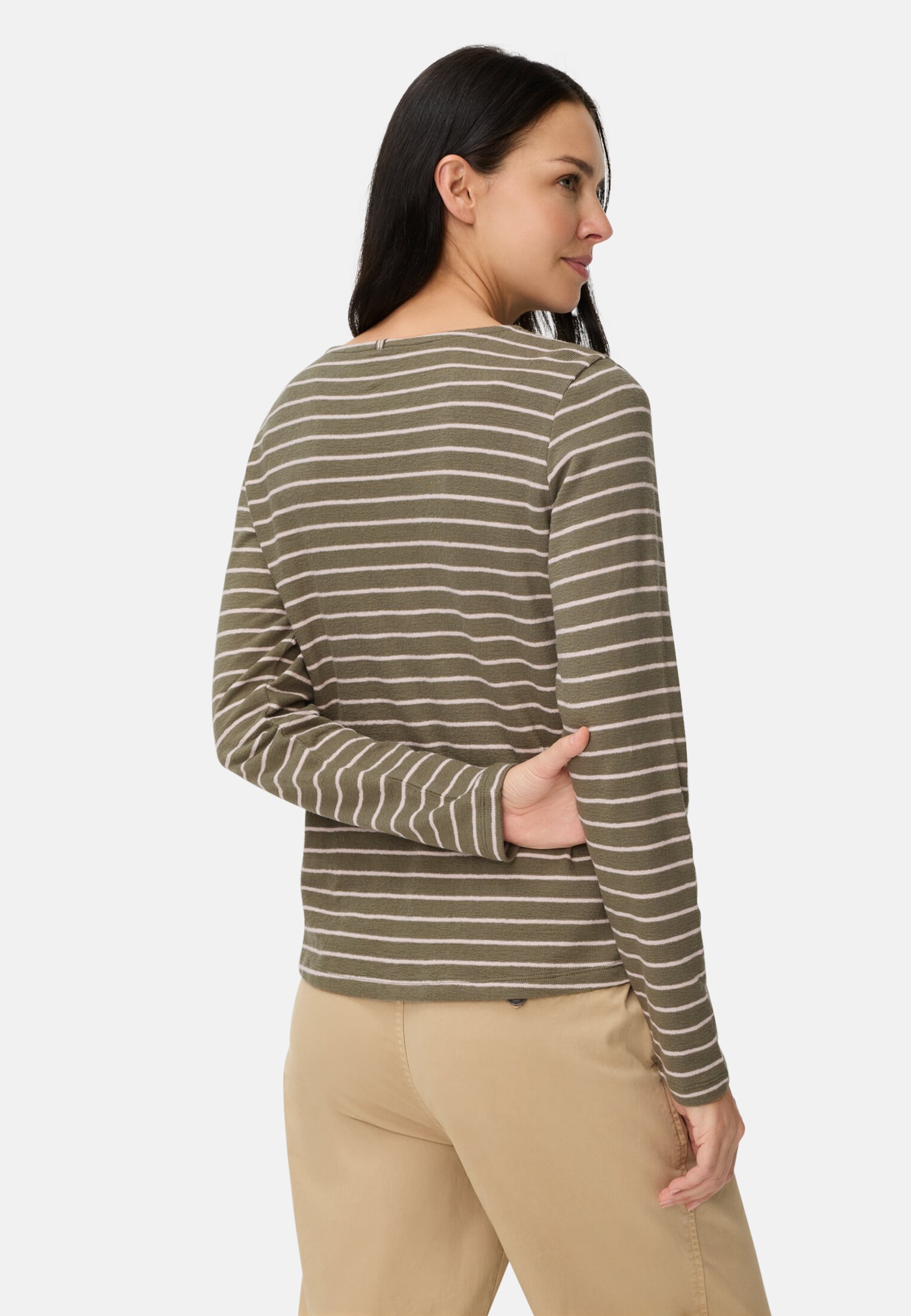 Damen Langarm-T-Shirt aus Bio-Baumwolle Graugrün getragen hinten