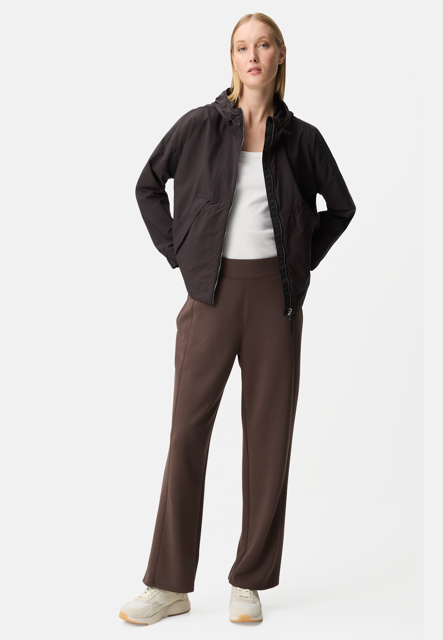 Women Blouson with 2-way zipper Black worn front full body