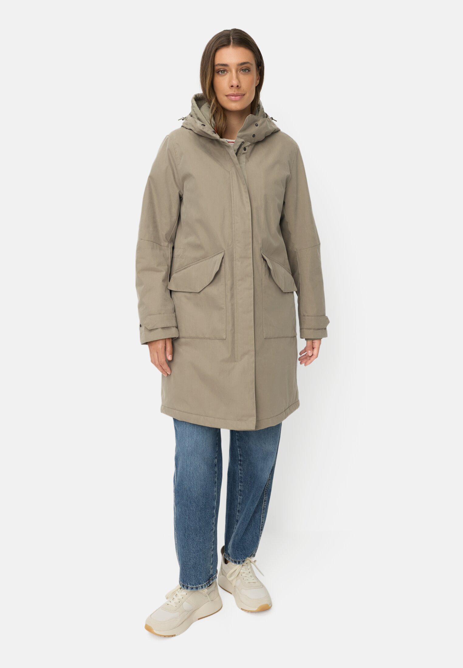 Vrouwen Waterafstotende parka met 2-wegs ritssluiting Beige gedragen voor lichaam compleet