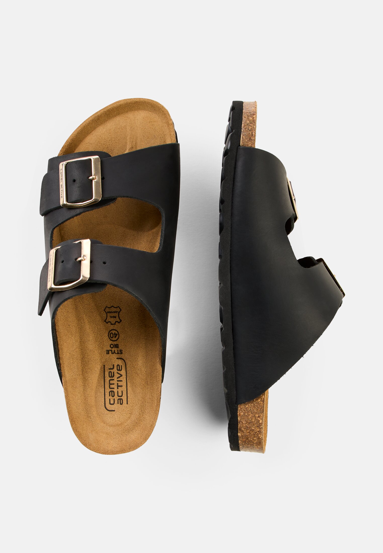 Damen Leder Pantolette mit Korkfußbett Schwarz frontal oben