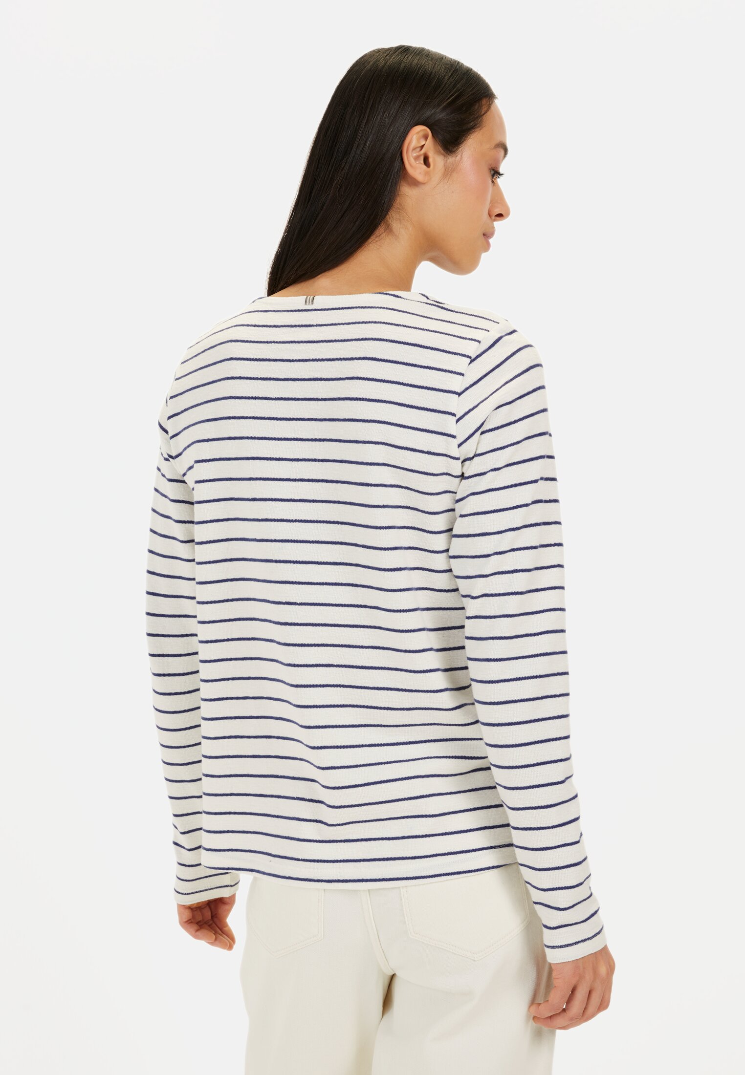 Women Striped long-sleeved shirt made of pure cotton Blue-White worn back