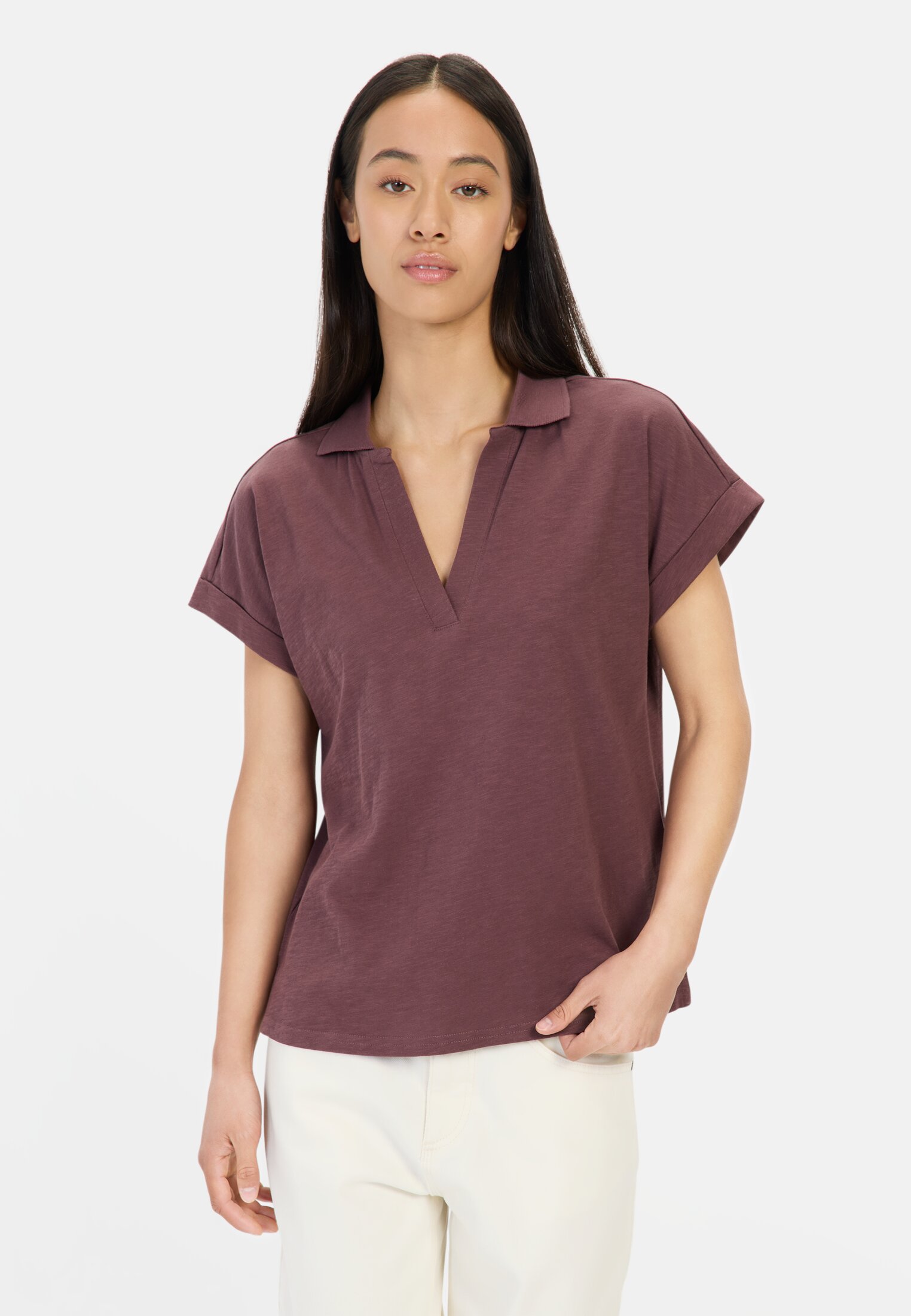 Women Striped crew neck T-shirt made of pure cotton Dark Red worn front