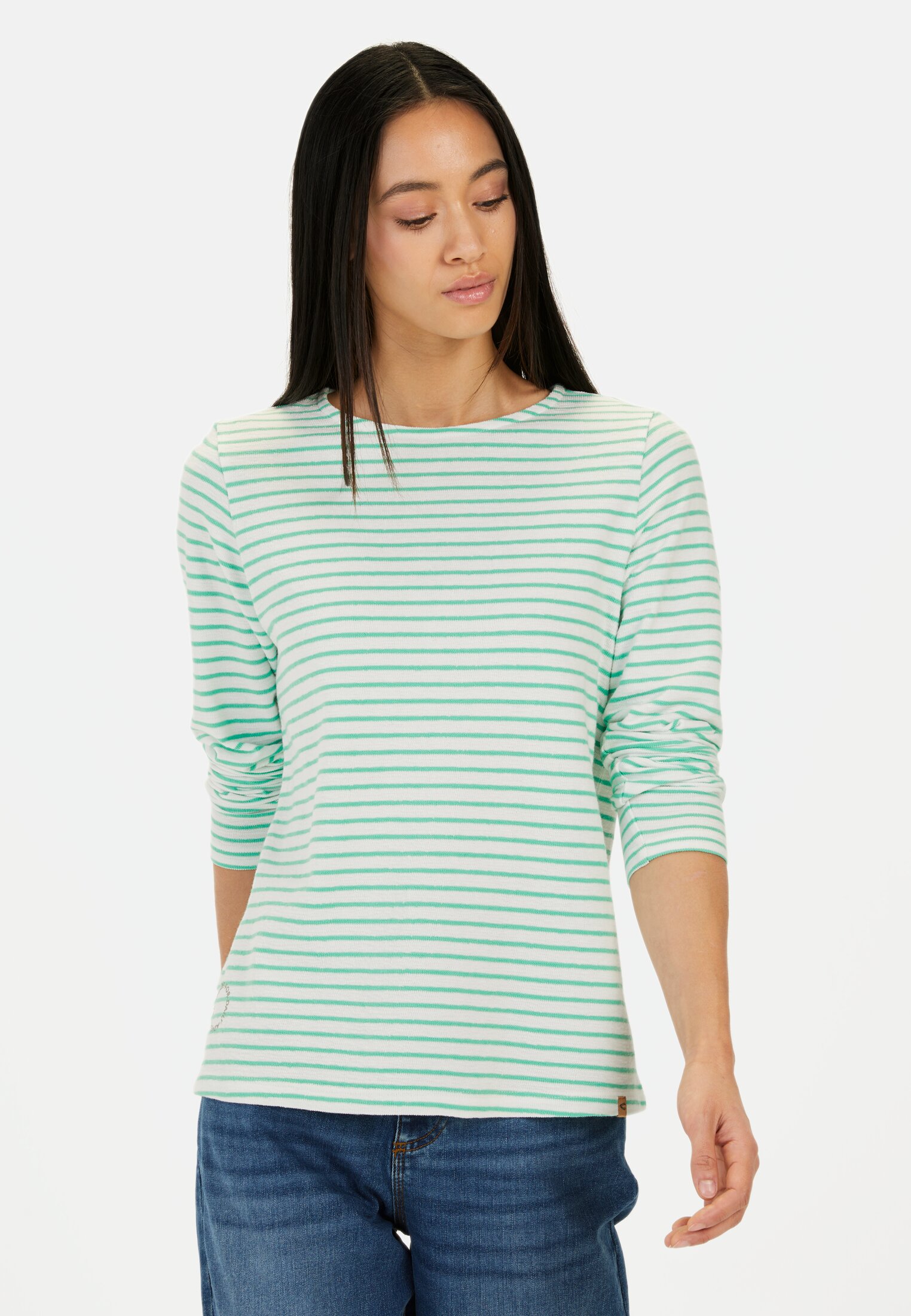 Women Long-sleeved shirt with a crew neck Green-White worn front