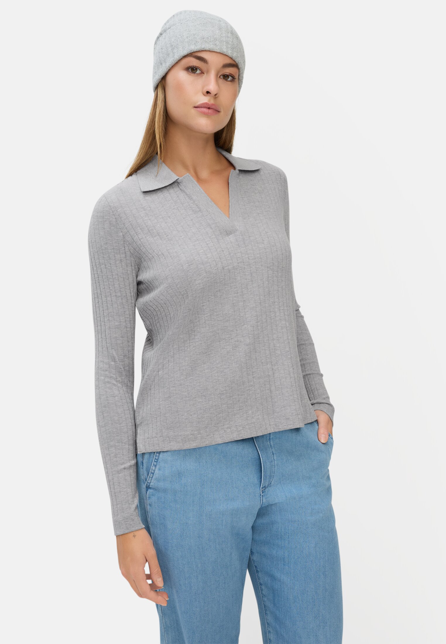 Women Jersey shirt with ribbed collar Grey worn emotional
