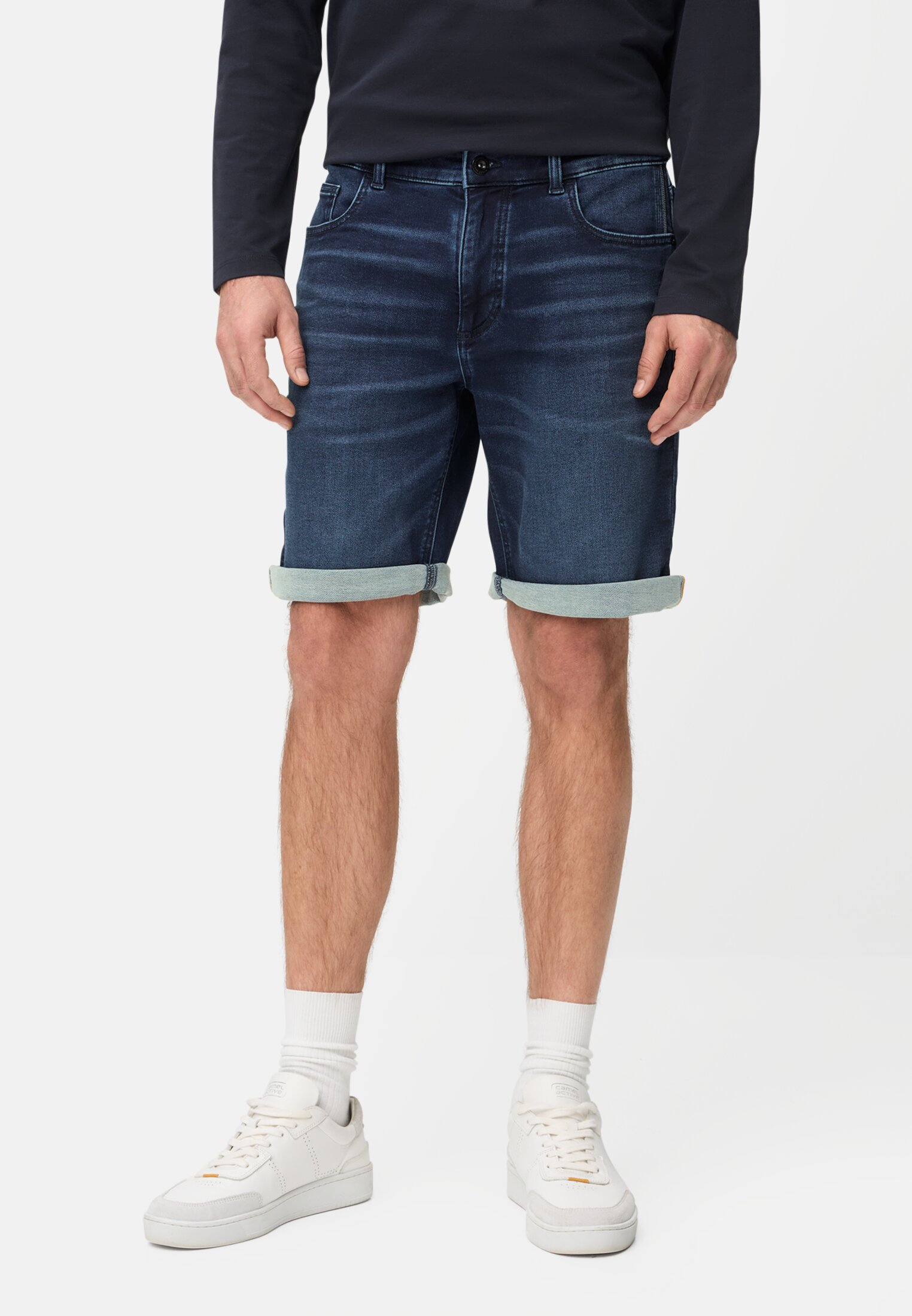 Men fleXXXactive® Jeans shorts made from cotton blend Dark Blue worn front