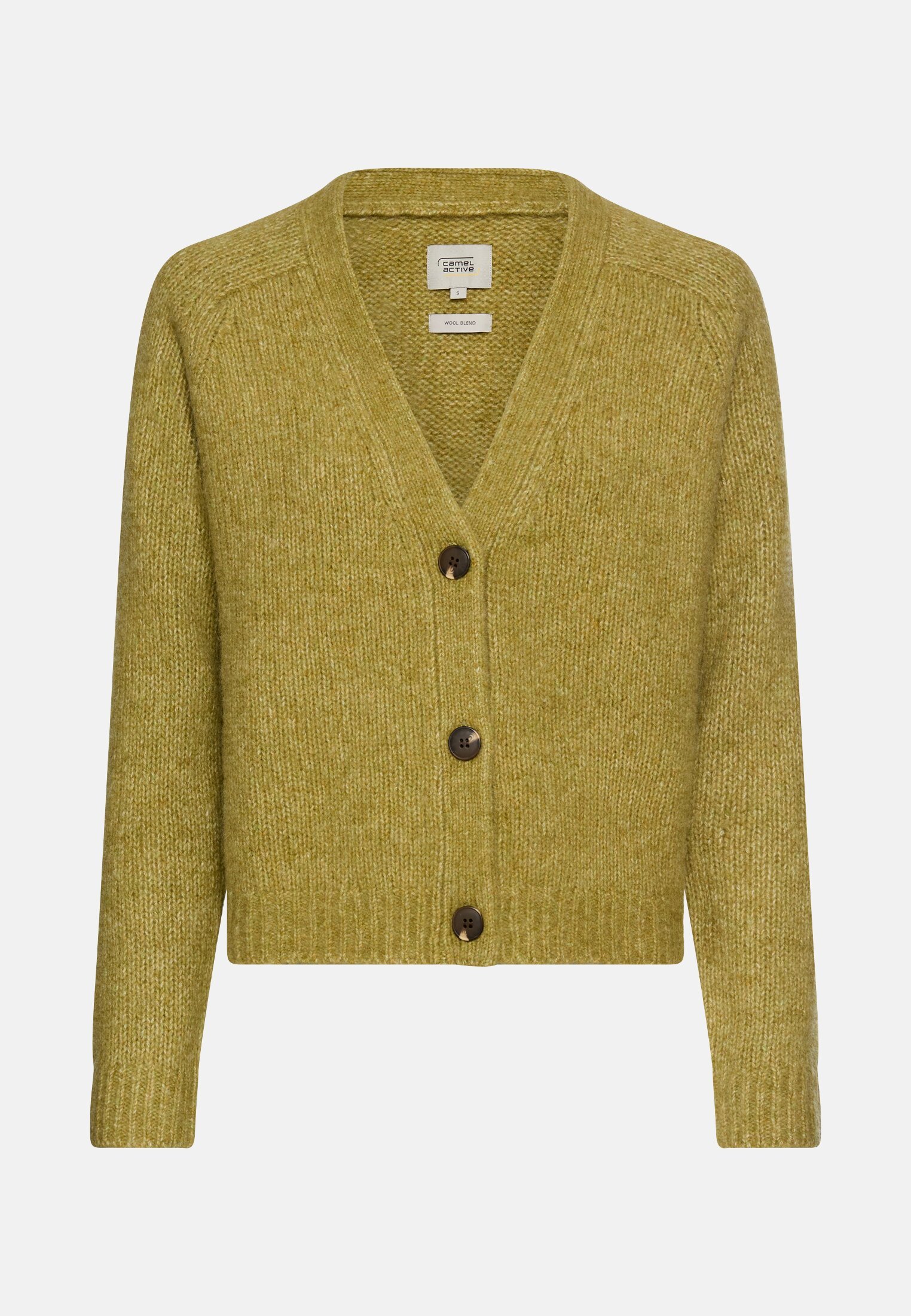 Damen Strickjacke mit Raglanärmeln und Knopfverschluss Oliv frontal vorn