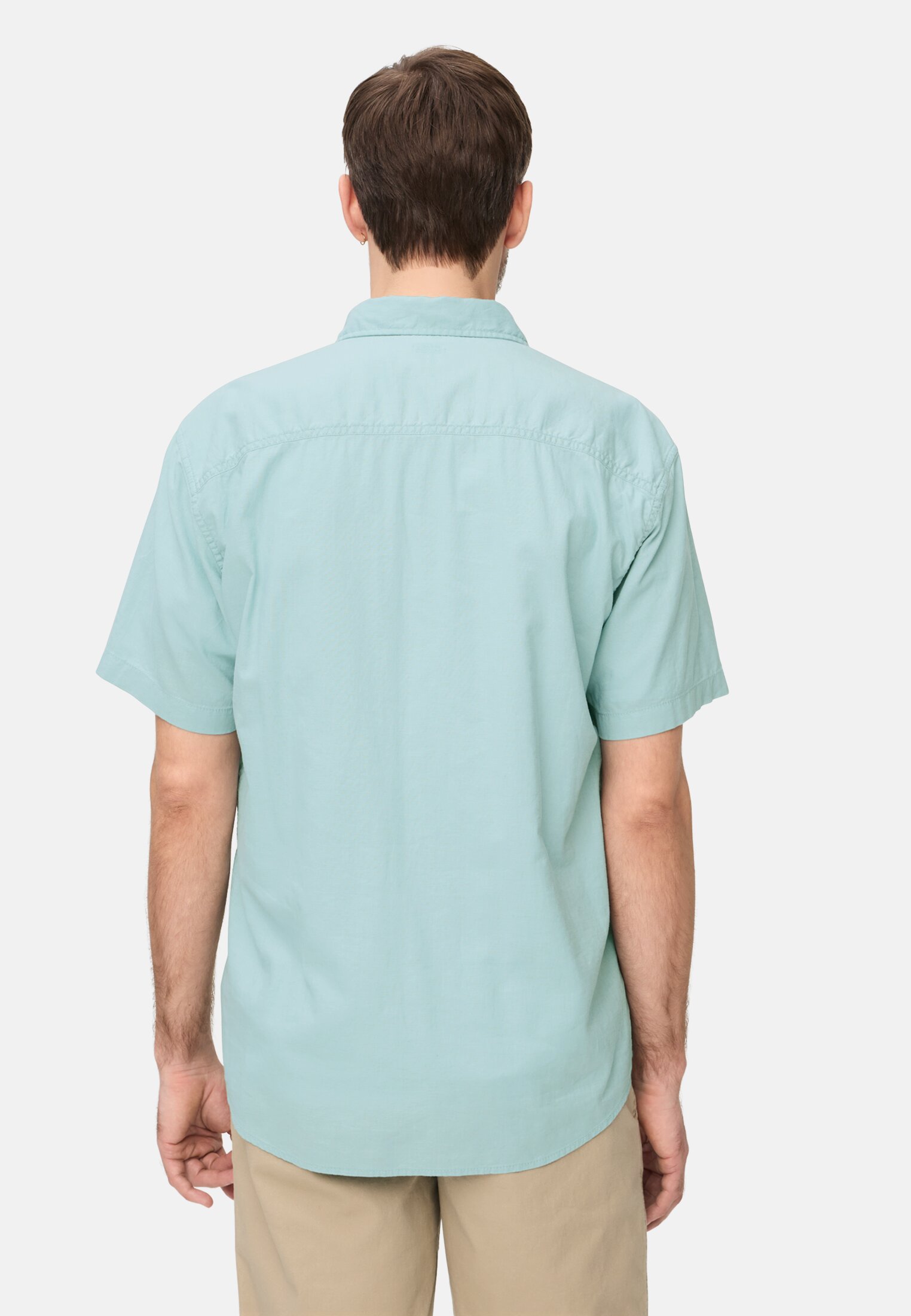 Heren Korte mouwen shirt van linnenmix Oceaan Groen gedragen achter