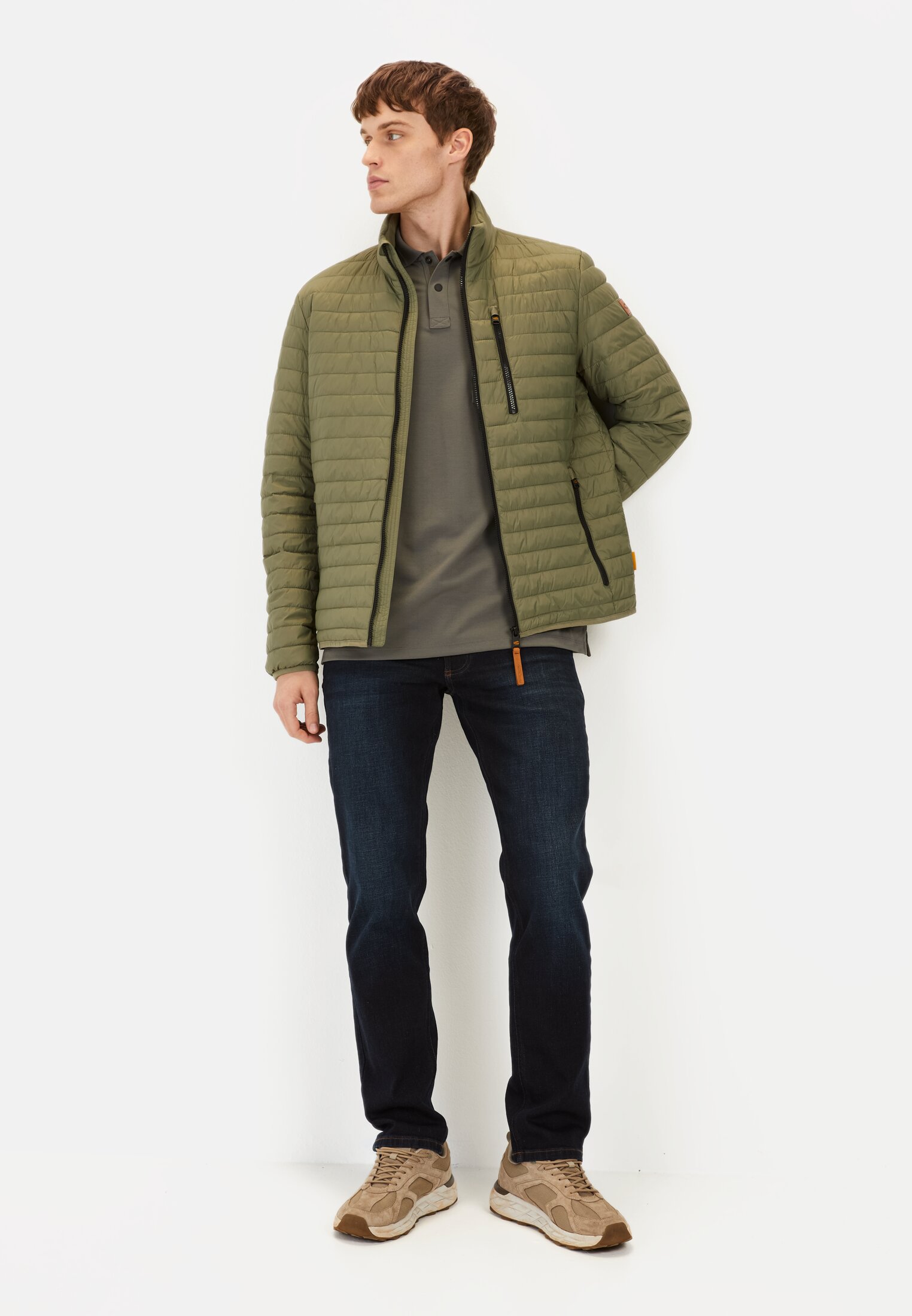 Men Quilted blouson with stand-up collar Dark Green worn front full body
