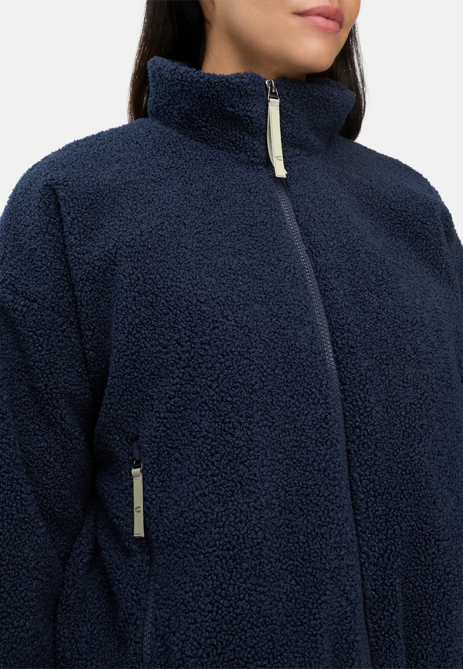 Vrouwen Jas met opstaande kraag en tweewegsritssluiting Donkerblauw gedragen detail dichtbij  