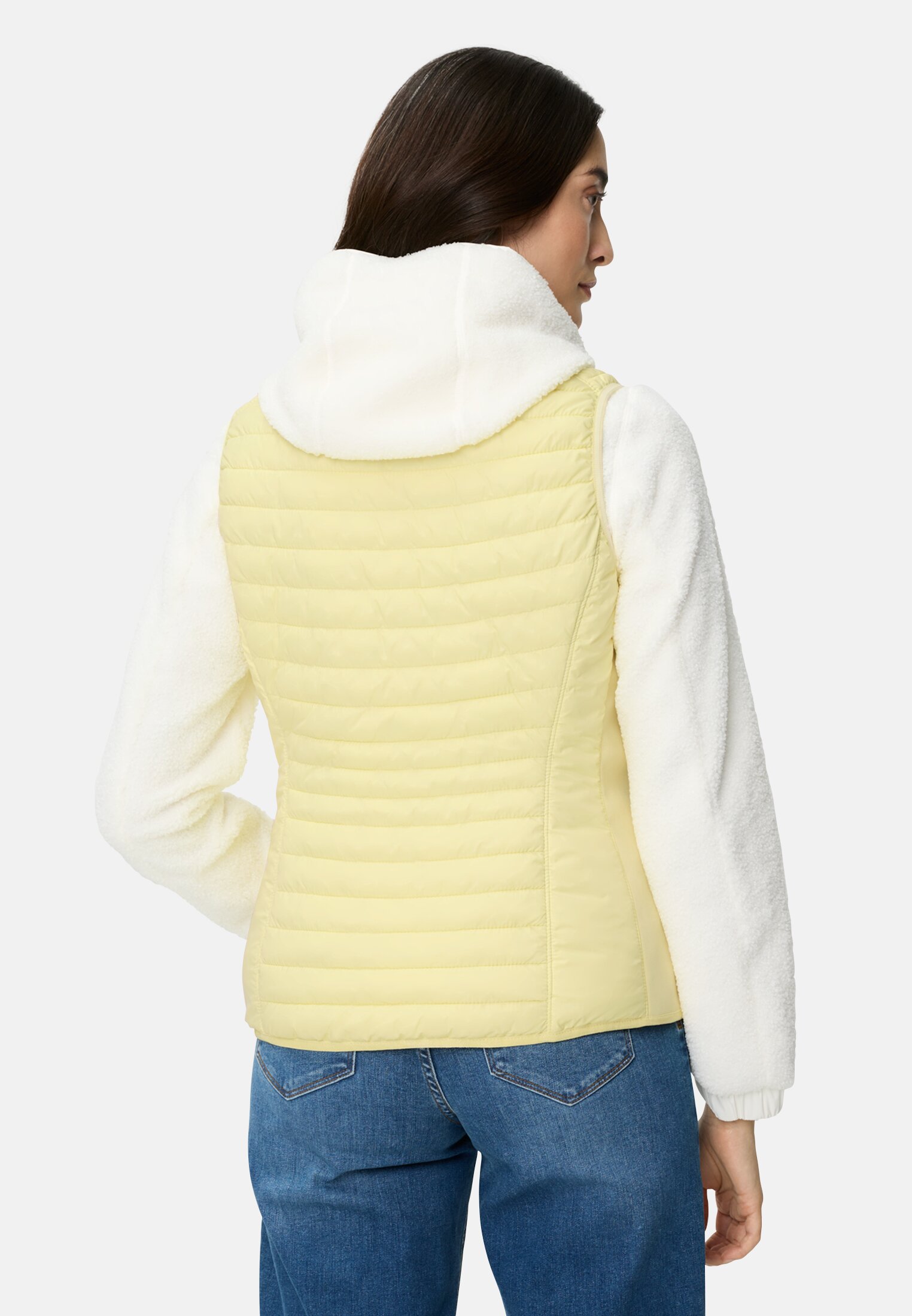 Damen Gefütterte Weste mit Taschen Gelb getragen hinten