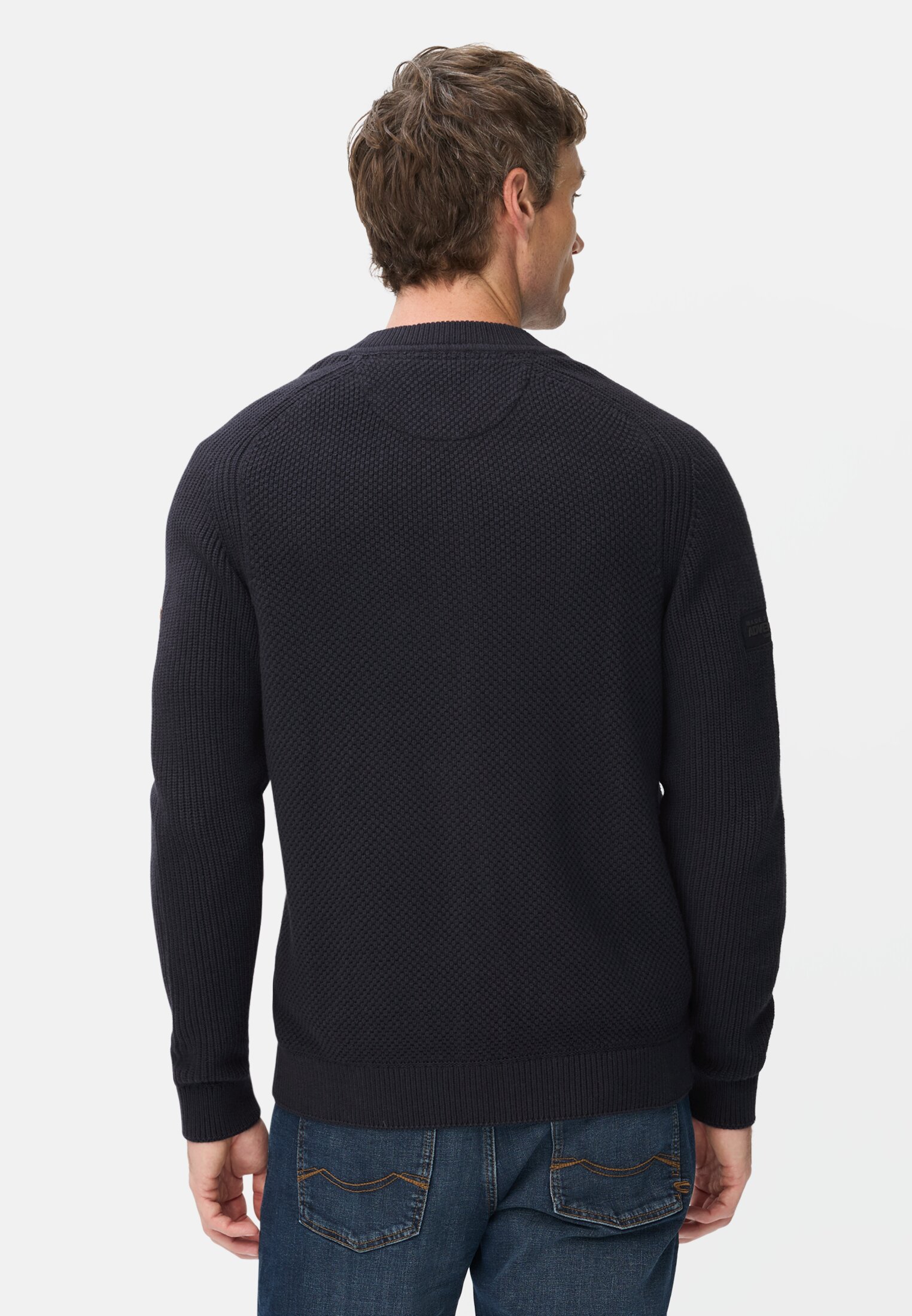 Men Cardigan with bomber collar Navyblue worn back