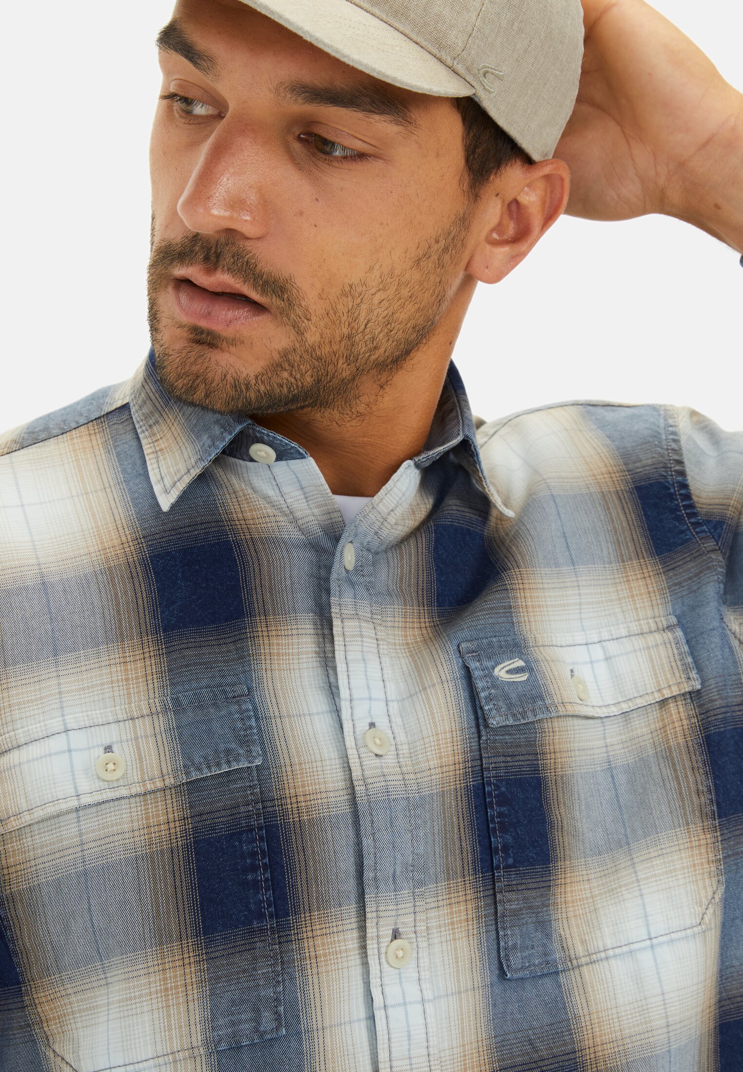 Herren Regular FIt Langarmhemd aus Baumwolle Blau-Beige