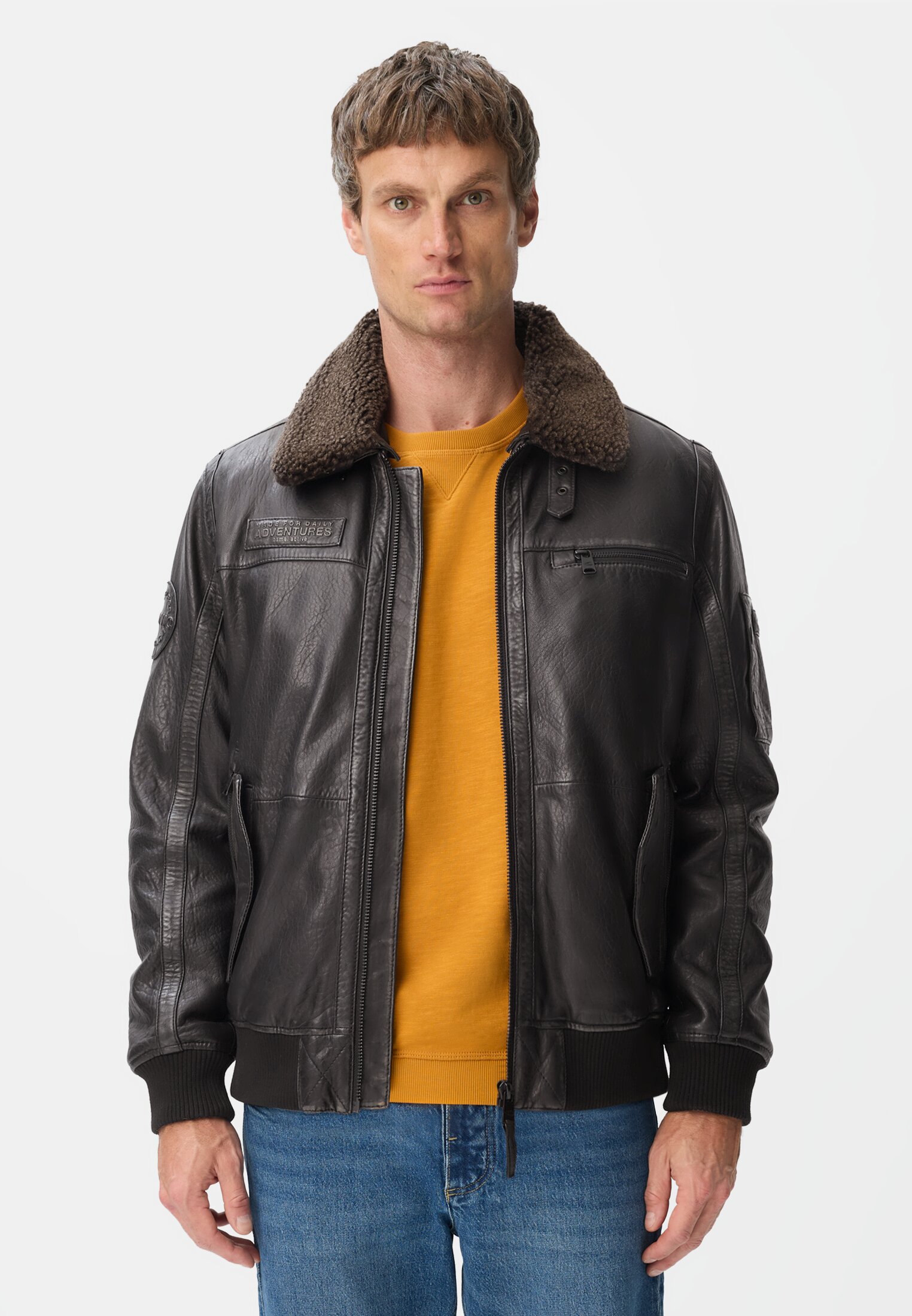 Herren Pilotenjacke im Wash Look mit abnehmbaren Teddykragen Asphalt getragen vorn