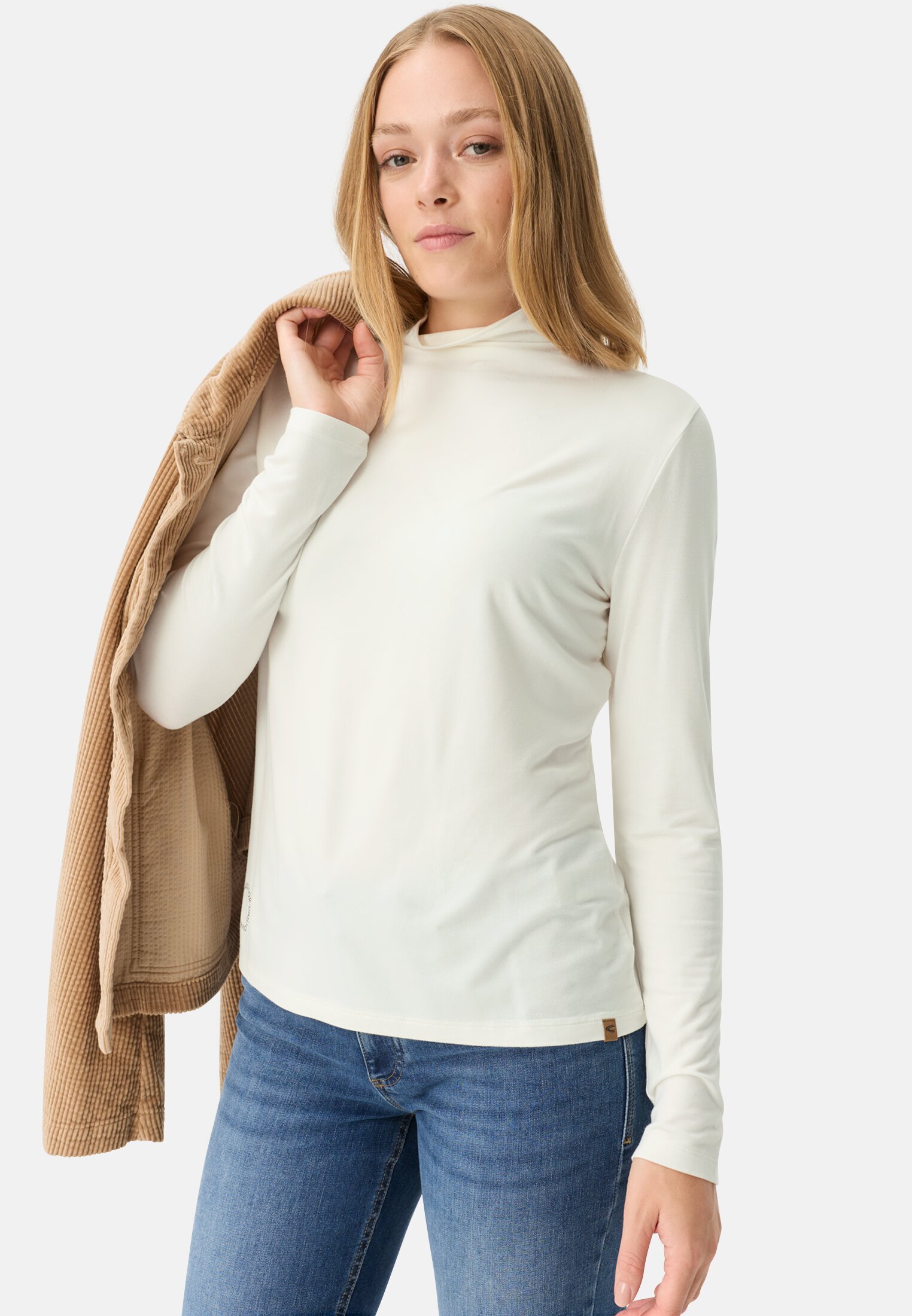 Women Long-sleeved shirt with stand-up collar Milk white worn emotional