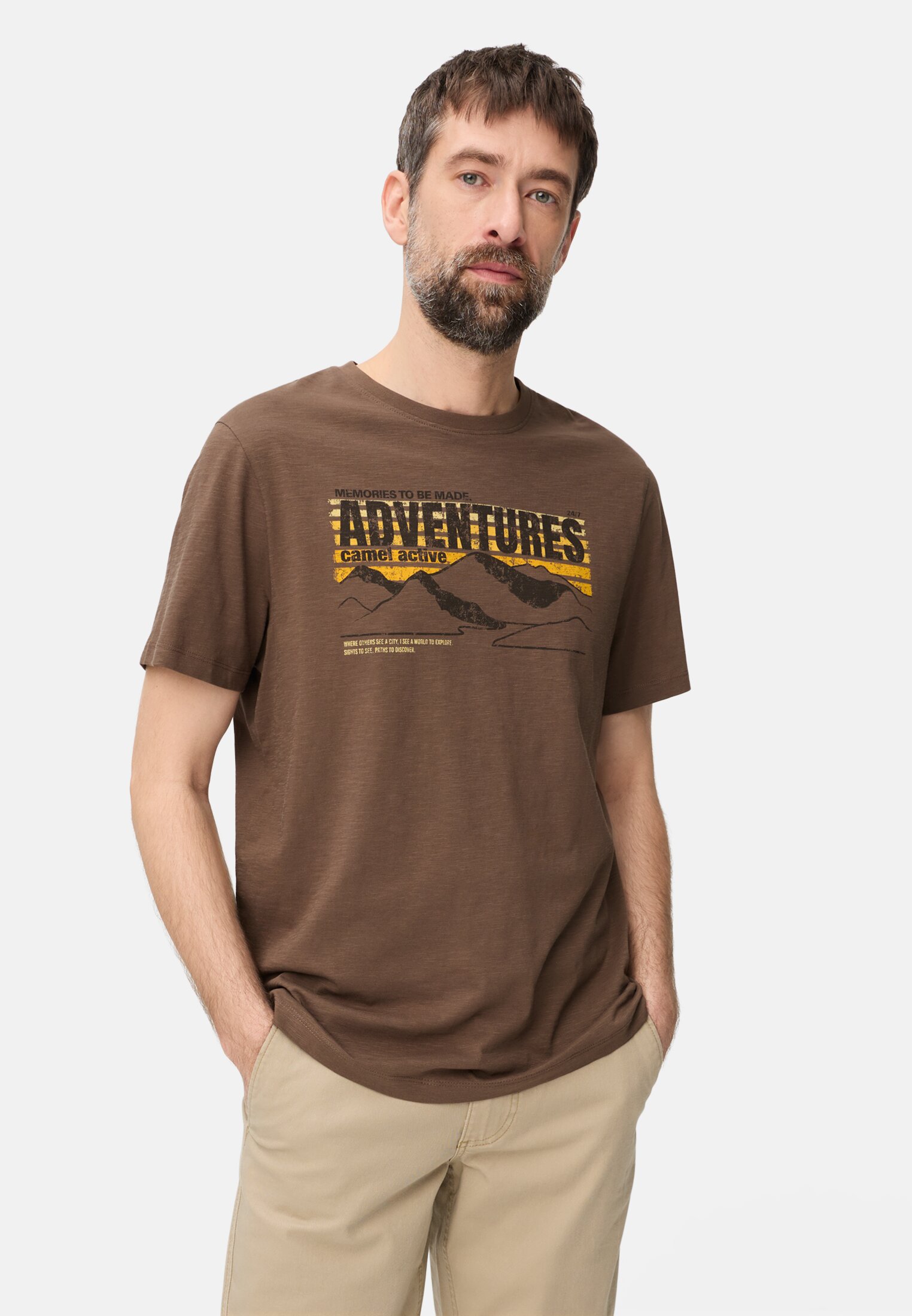 Heren T-shirt van puur katoen Modderbruin gedragen voor