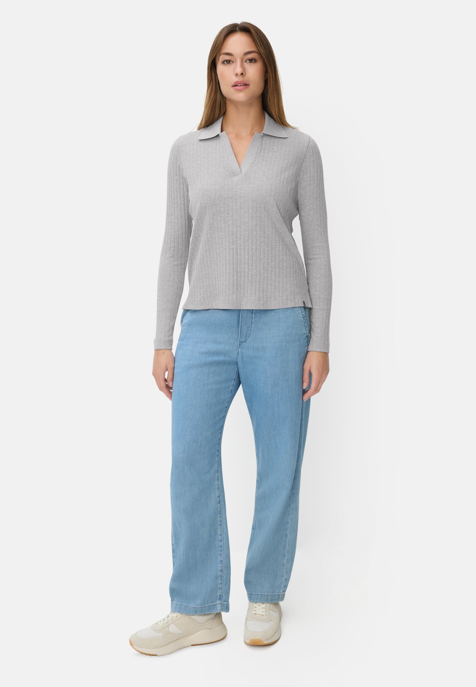 Women Jersey shirt with ribbed collar Grey worn front full body