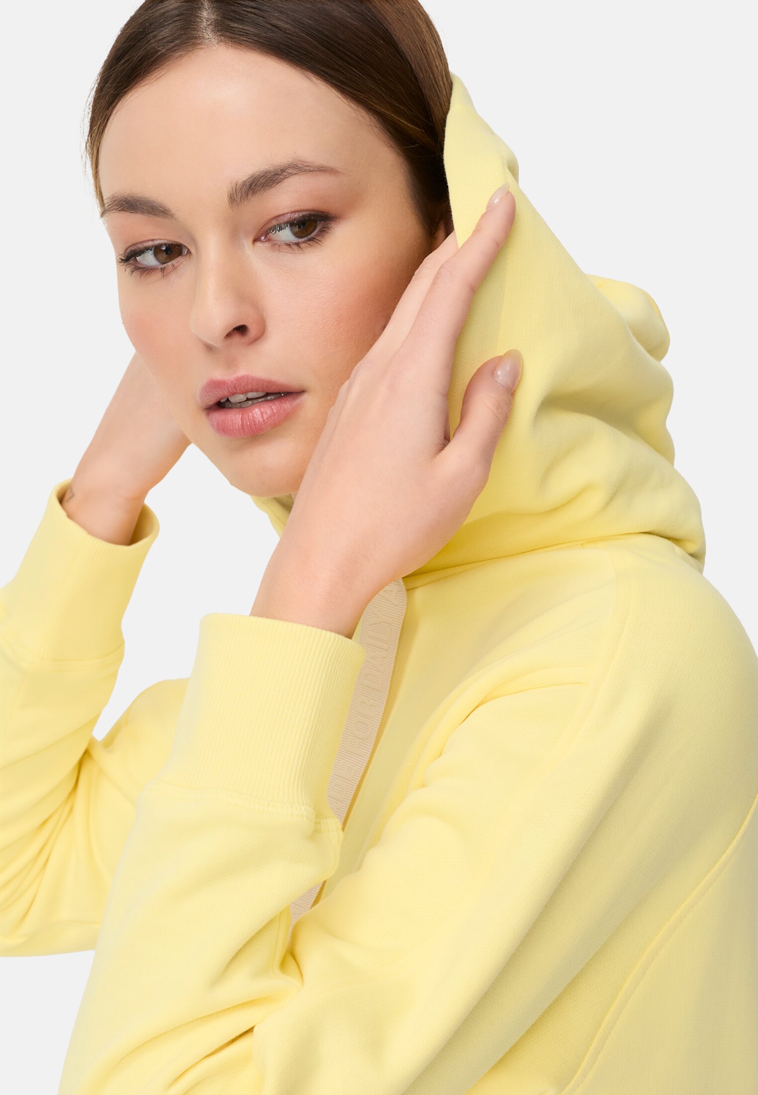 Women Hoodie made of pure cotton Lemon Yellow worn emotional