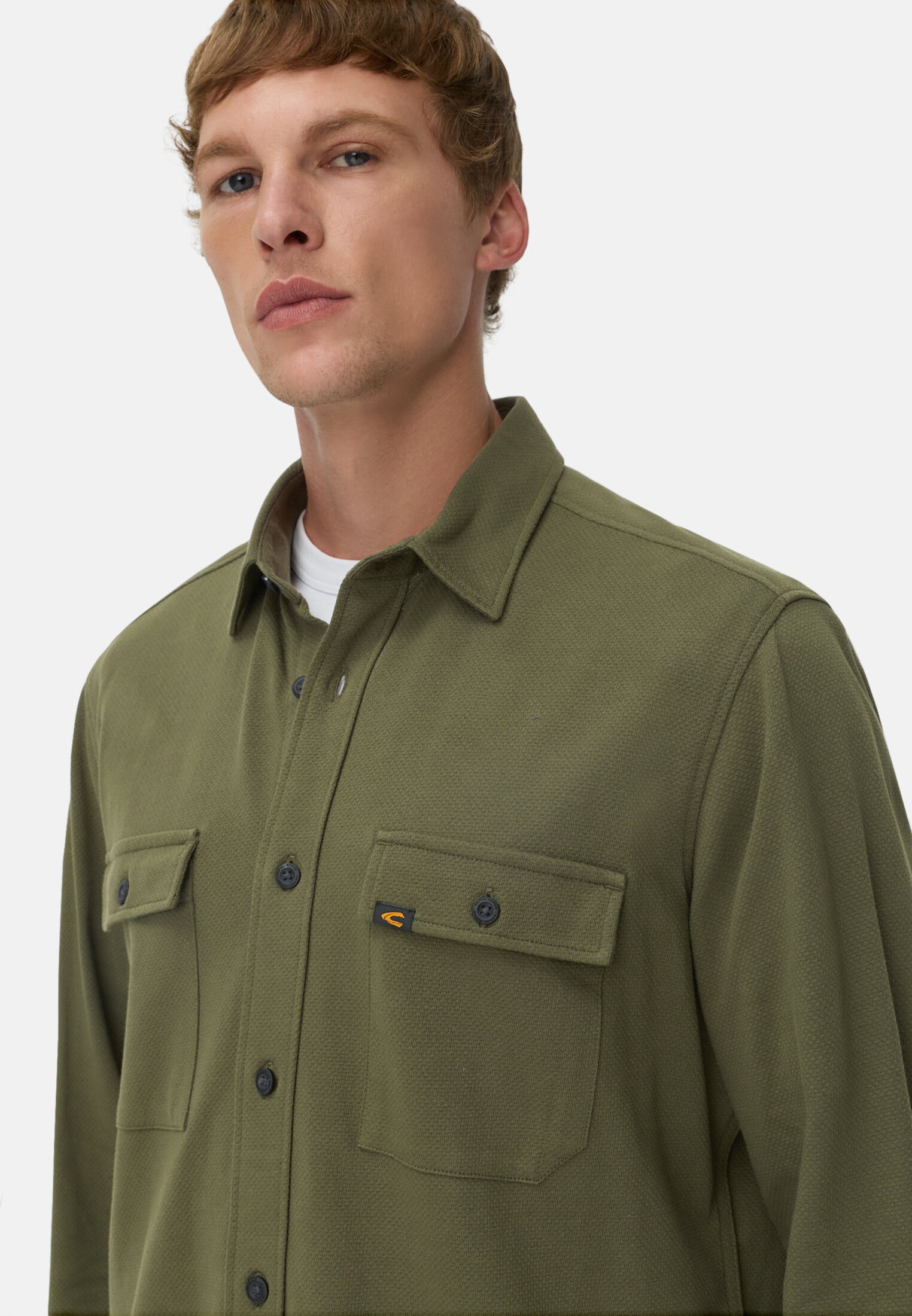 Men Long sleeve shirt made of pure cotton Khaki worn detail close