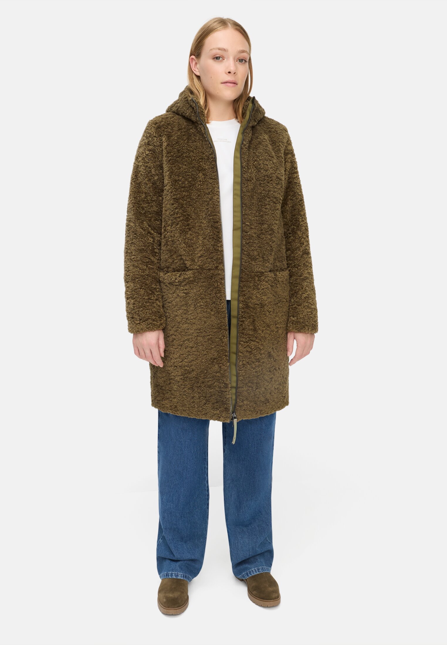 Damen Teddy Mantel mit Kapuze Dunkelkhaki getragen vorne Ganzkörper