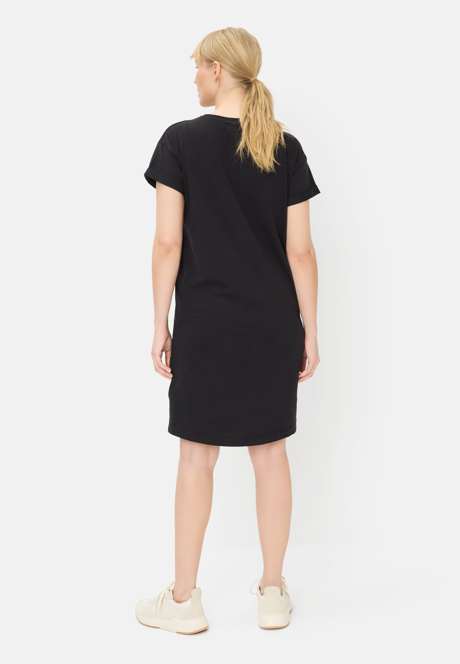 Damen Kleid aus reiner Baumwolle Kaviar getragen hinten