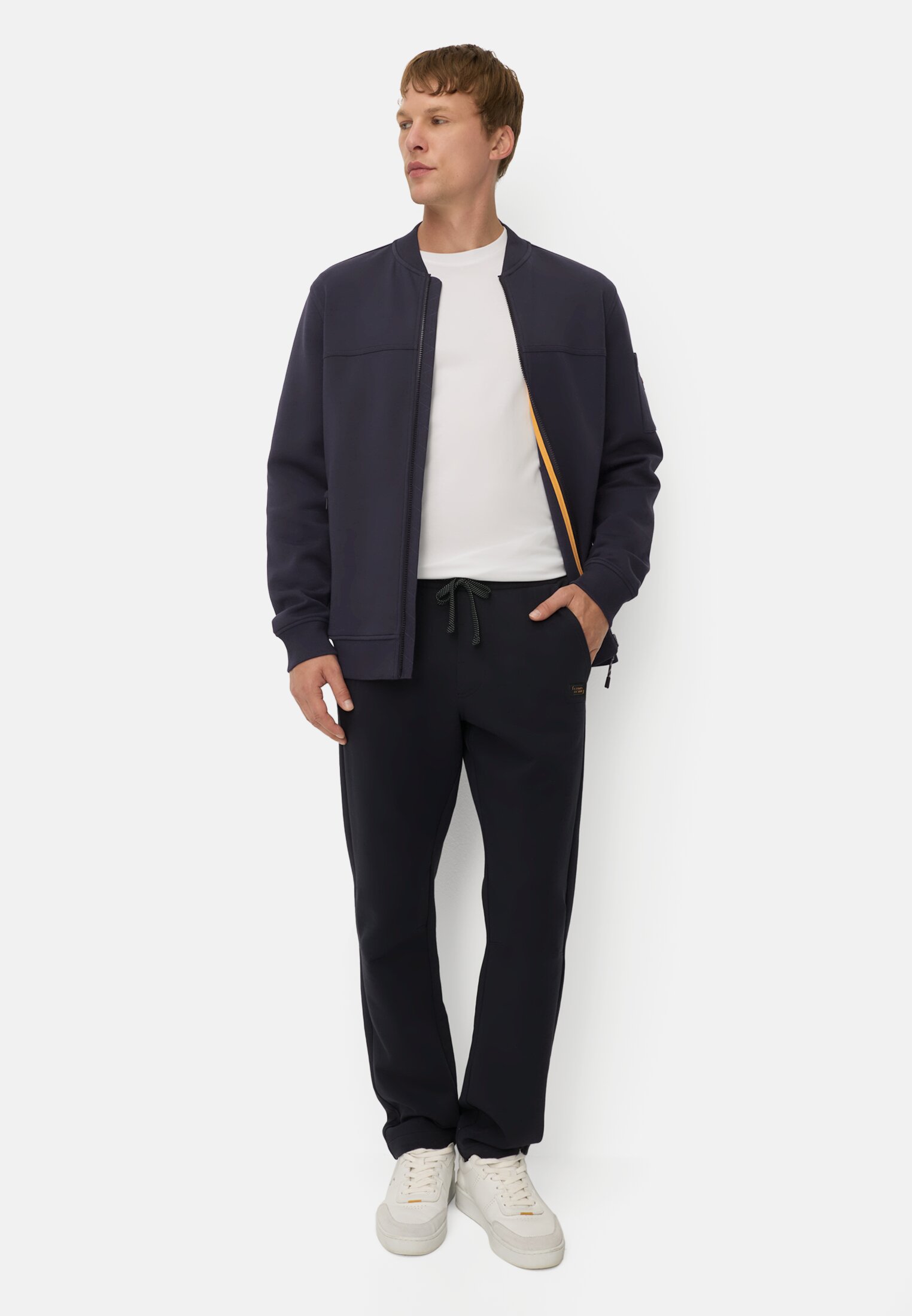 Men fleXXXactive® Sweat Jacket made from scuba jersey Navy Blue worn front full body