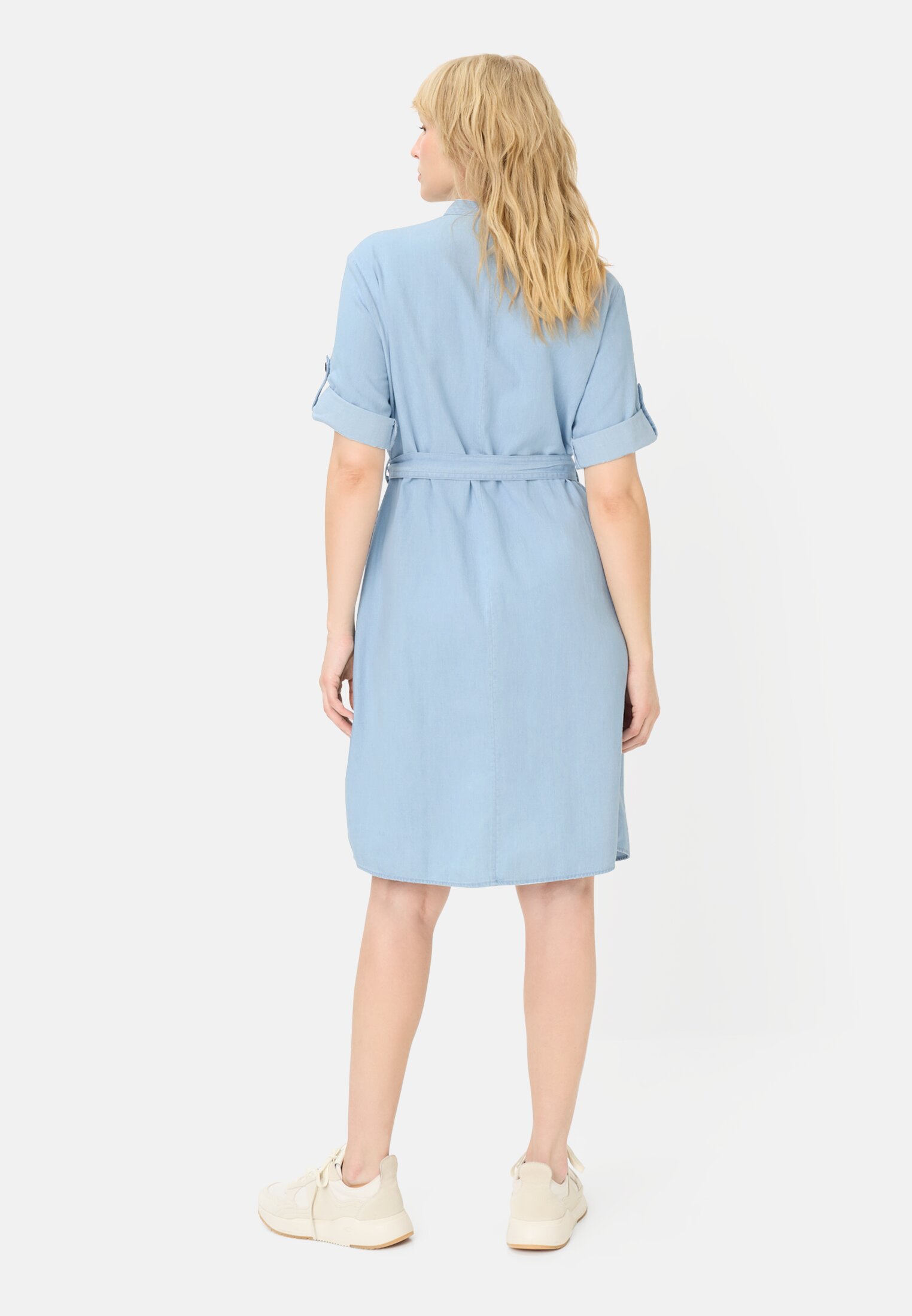 Women Summer dress with fabric tie belt Dark Blue worn back