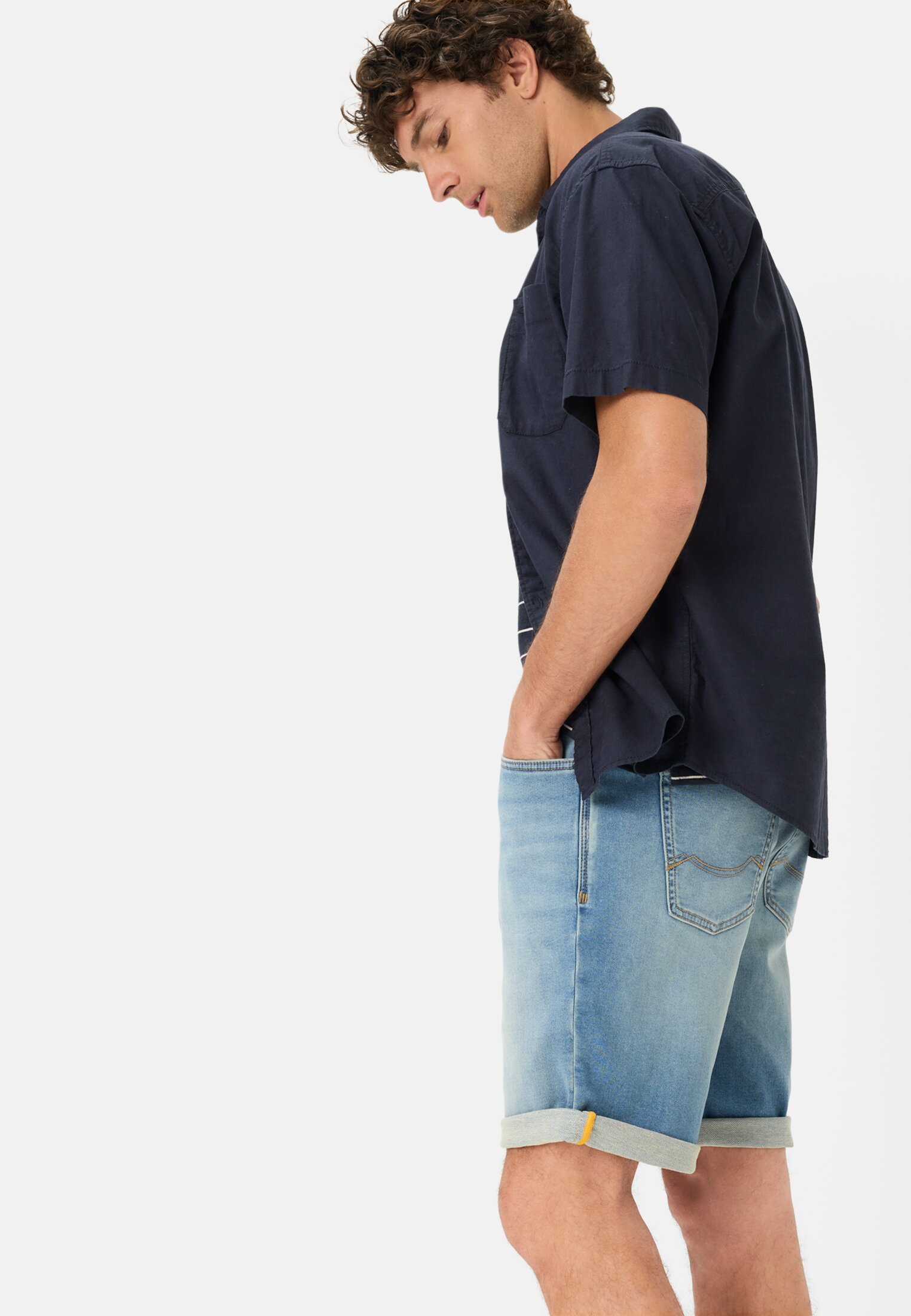 Men fleXXXactive® Jeans shorts made from cotton blend Pale Blue worn emotional